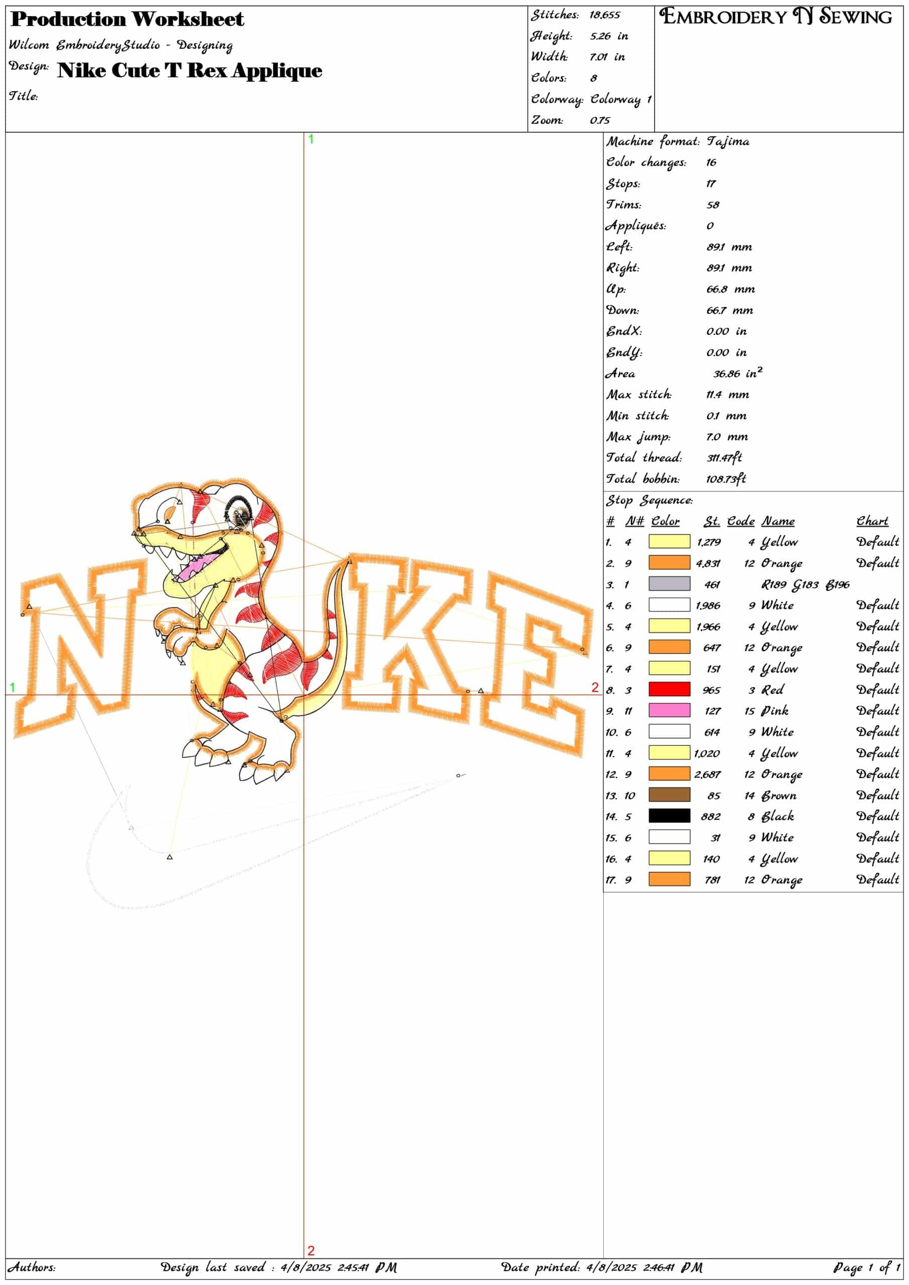 Nike Cute T Rex Applique- Elegant embroidery design file - instant download — view 3