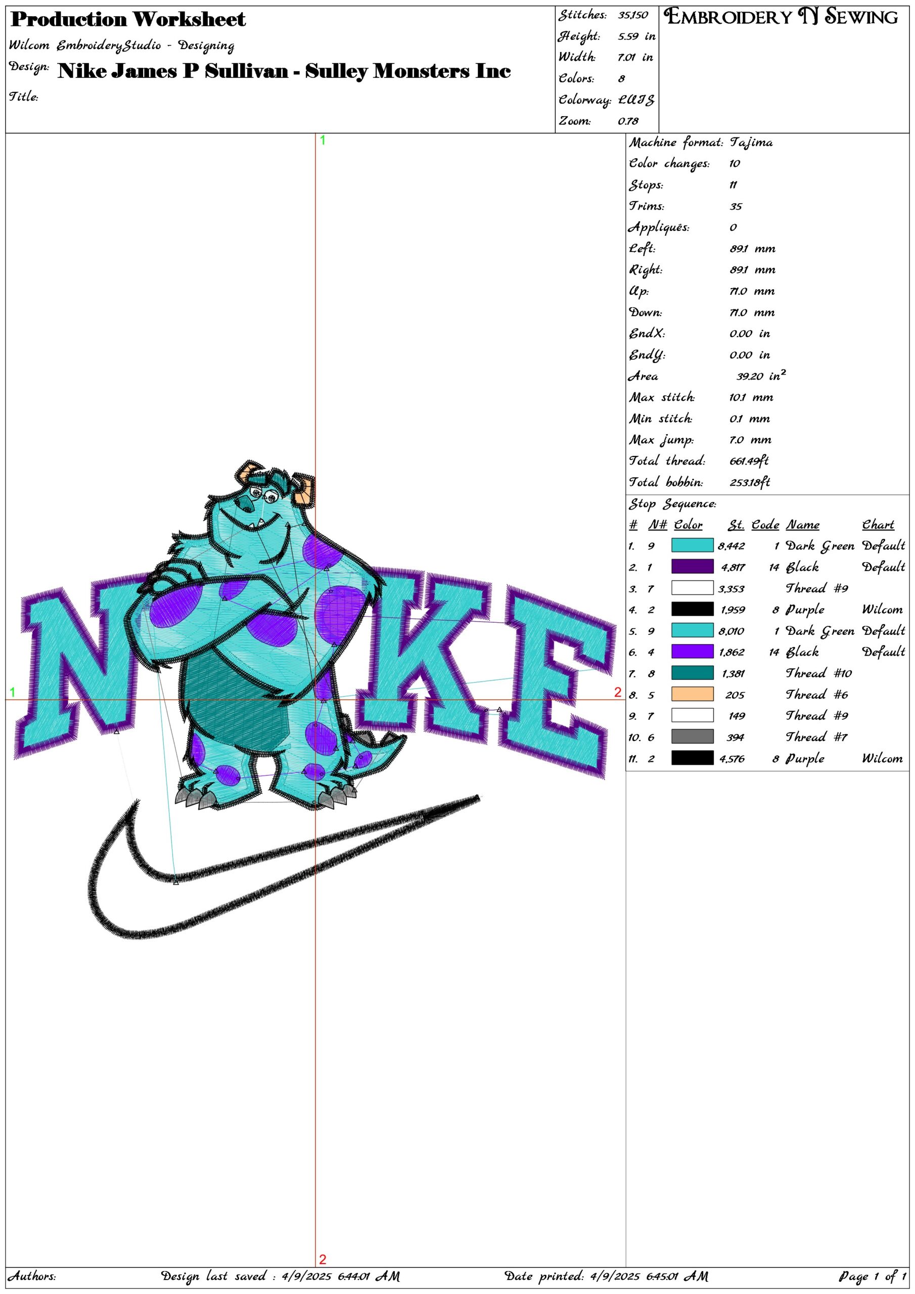 Nike James P Sullivan - Sulley Monsters Inc- Elegant embroidery design file - instant download — view 3