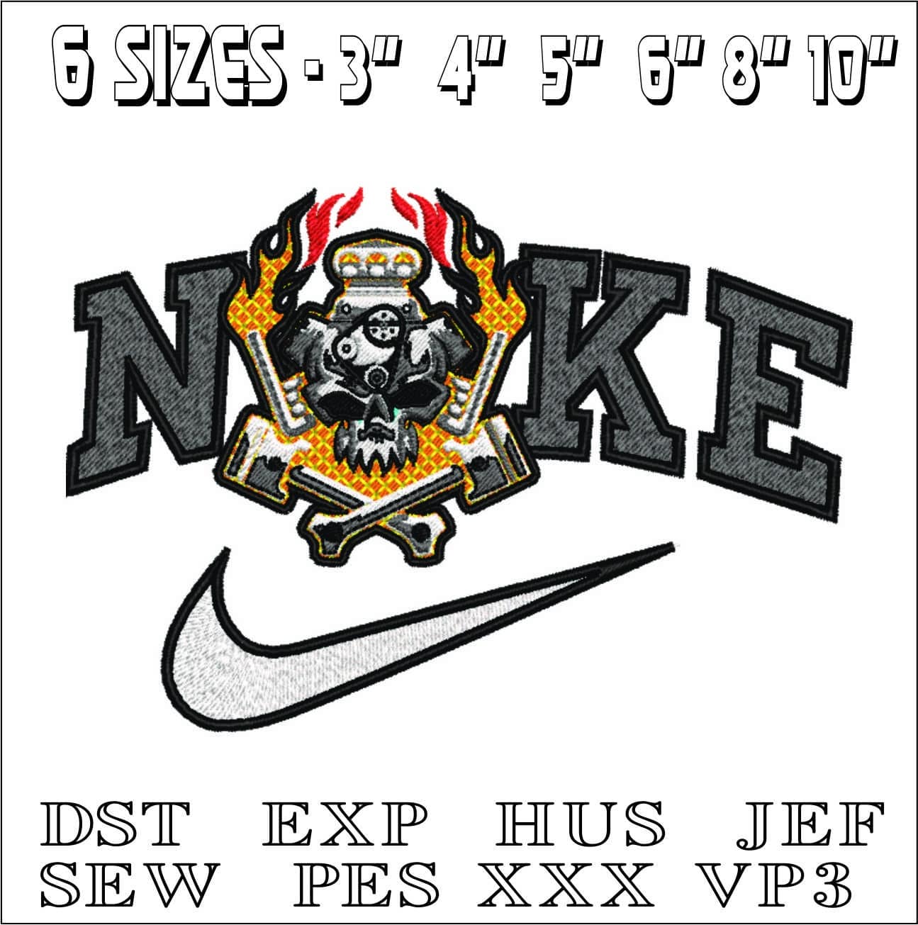 Nike Skull engine flames- Elegant embroidery design file - instant download — view 2