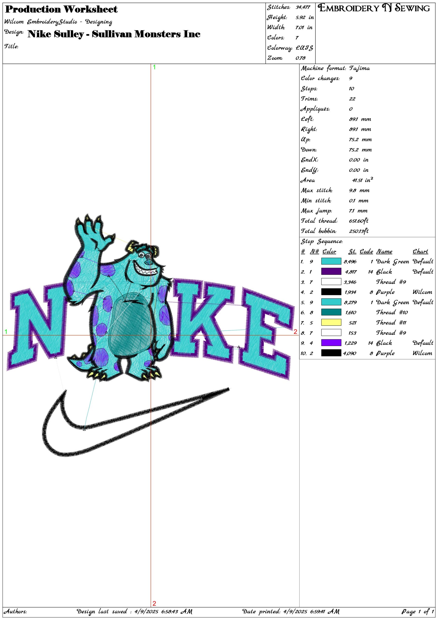Nike Sulley - Sullivan Monsters Inc- Elegant embroidery design file - instant download — view 3