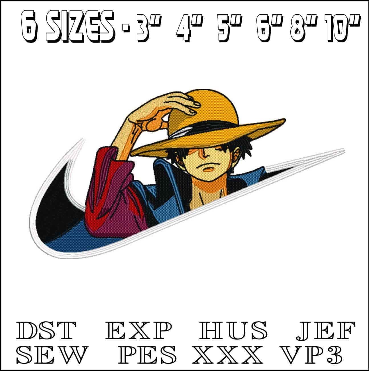 Nike Swoosh Luffy Hat - Anime- Elegant embroidery design file - instant download — view 2