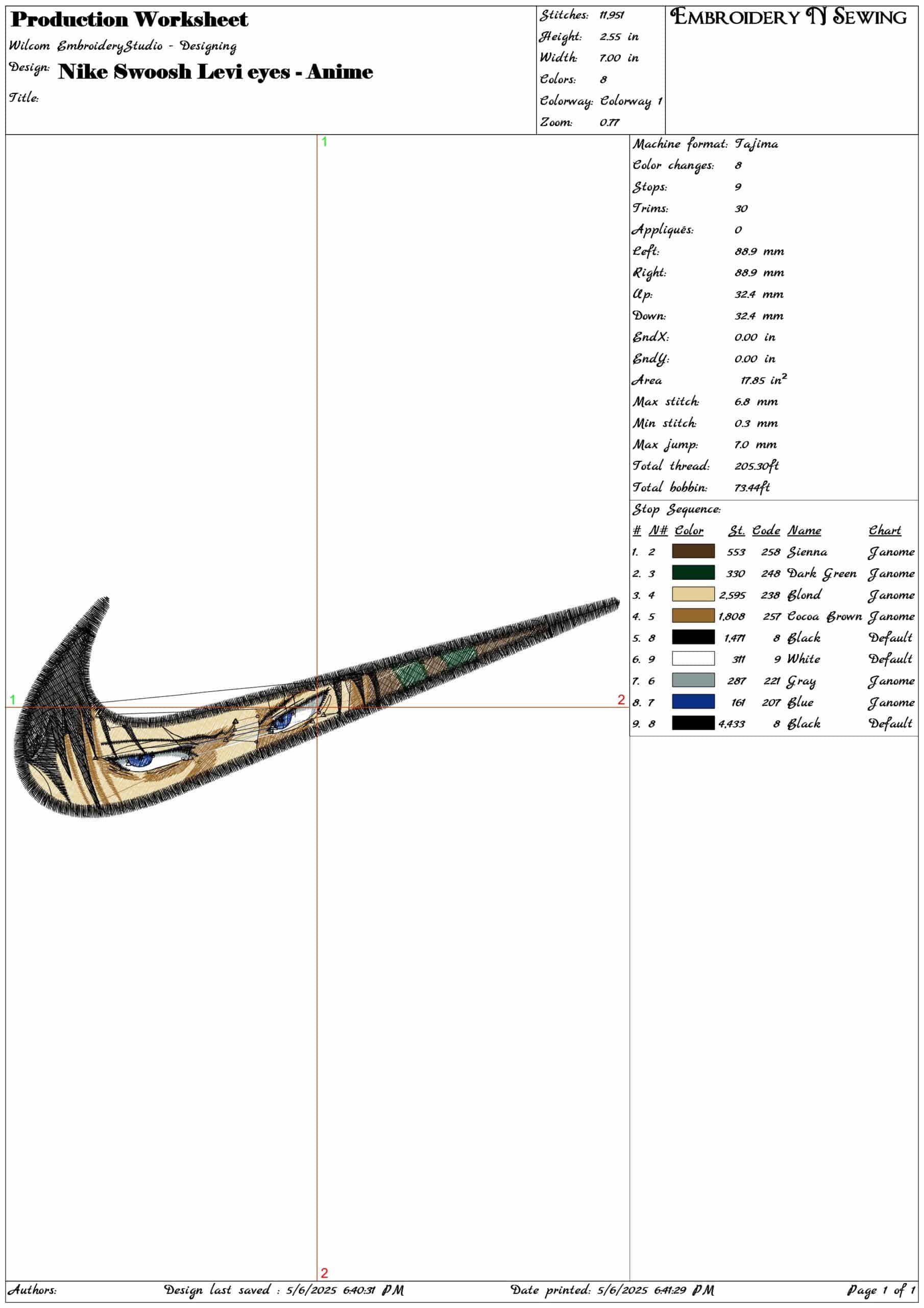 Nike Swoosh Levi eyes - Anime- Elegant embroidery design file - instant download — view 3