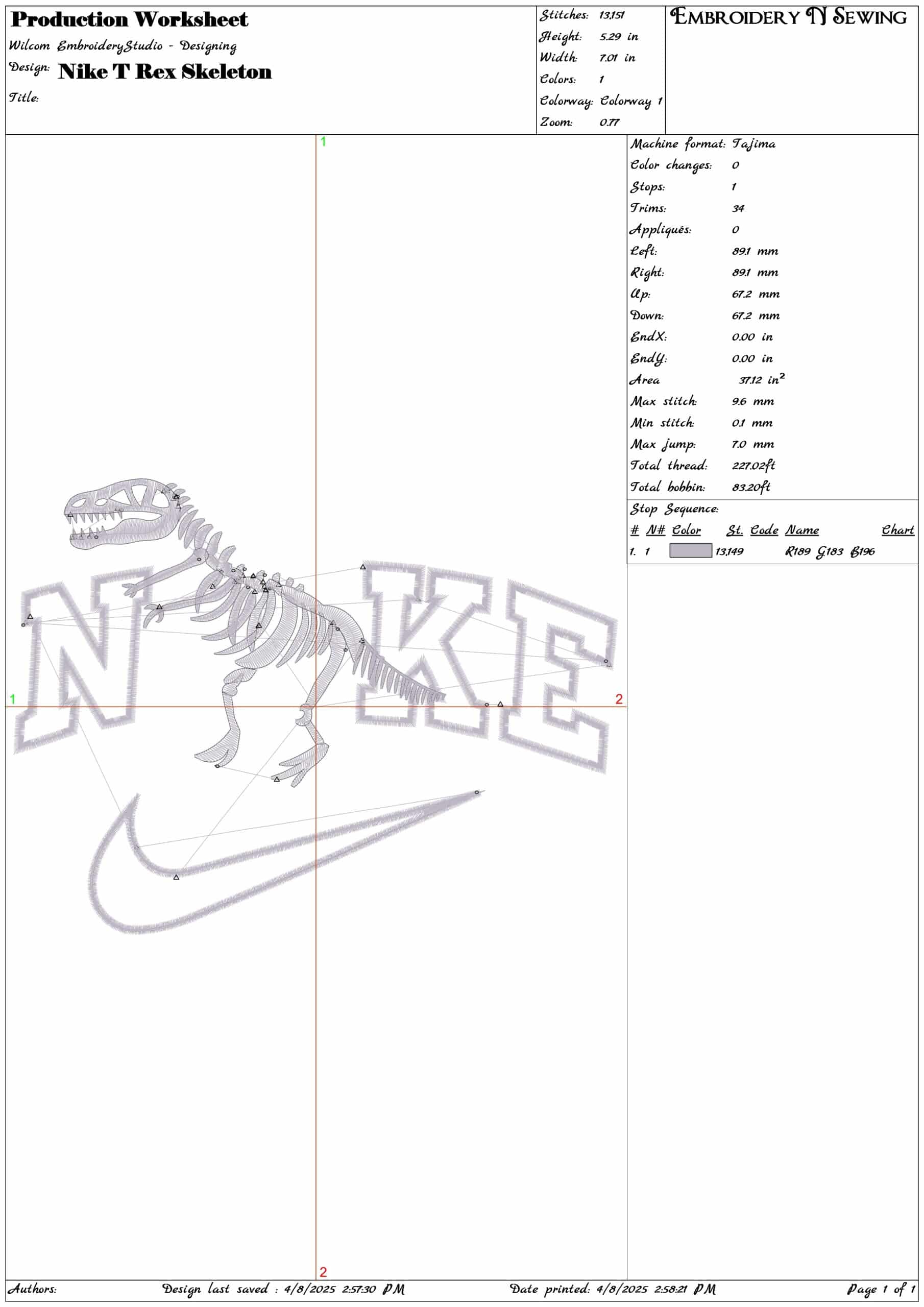 Nike T Rex Skeleton- Elegant embroidery design file - instant download — view 3