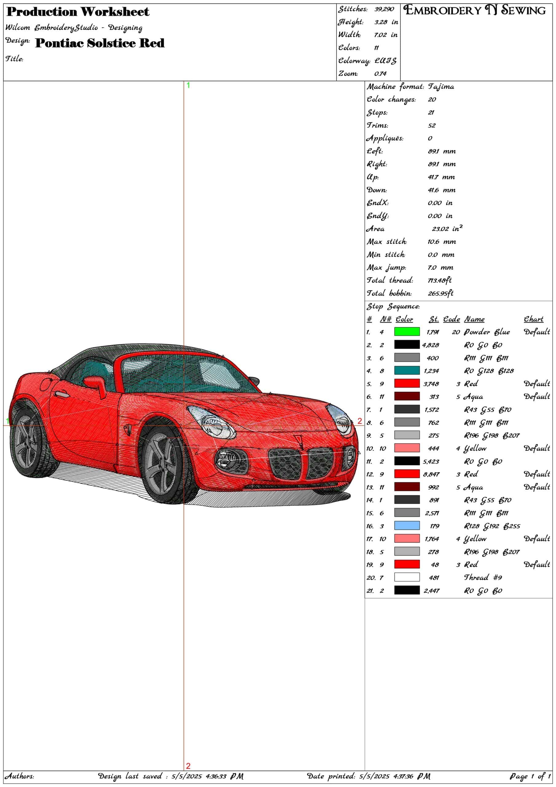 Pontiac Solstice Red- Elegant embroidery design file - instant download — view 3