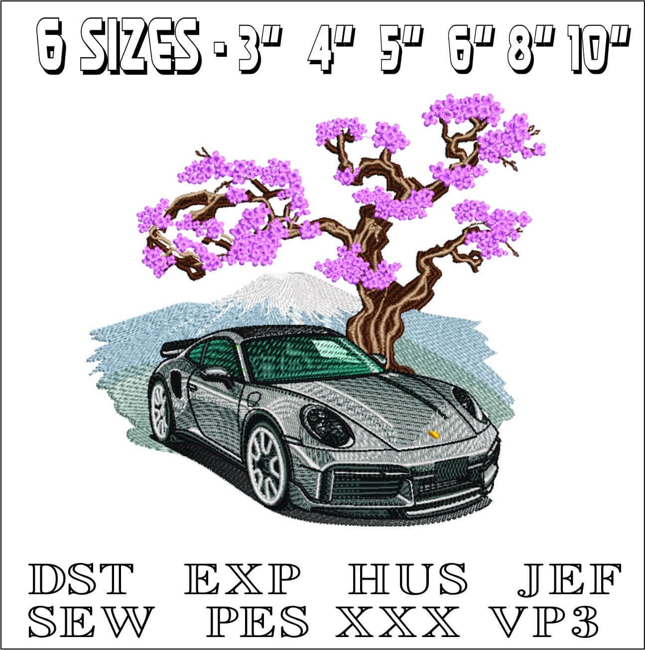 Porsche with Cherry blossom- Elegant embroidery design file - instant download — view 2