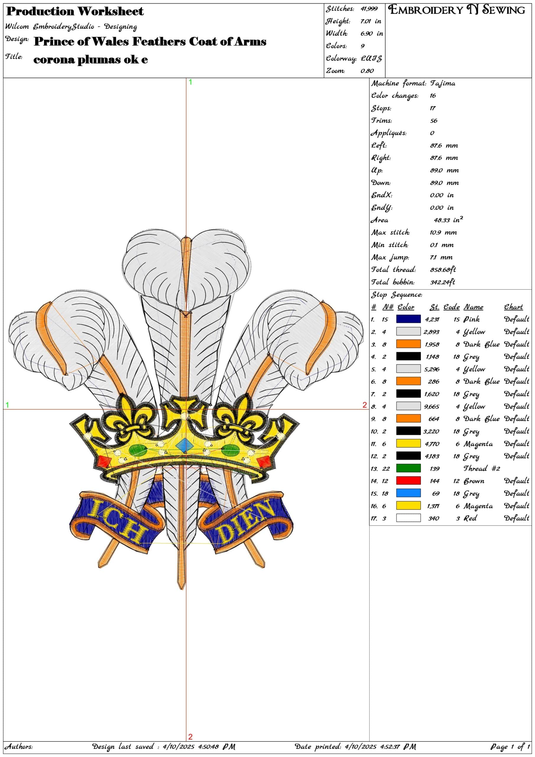 Prince of Wales Feathers Coat of Arms- Elegant embroidery design file - instant download — view 3
