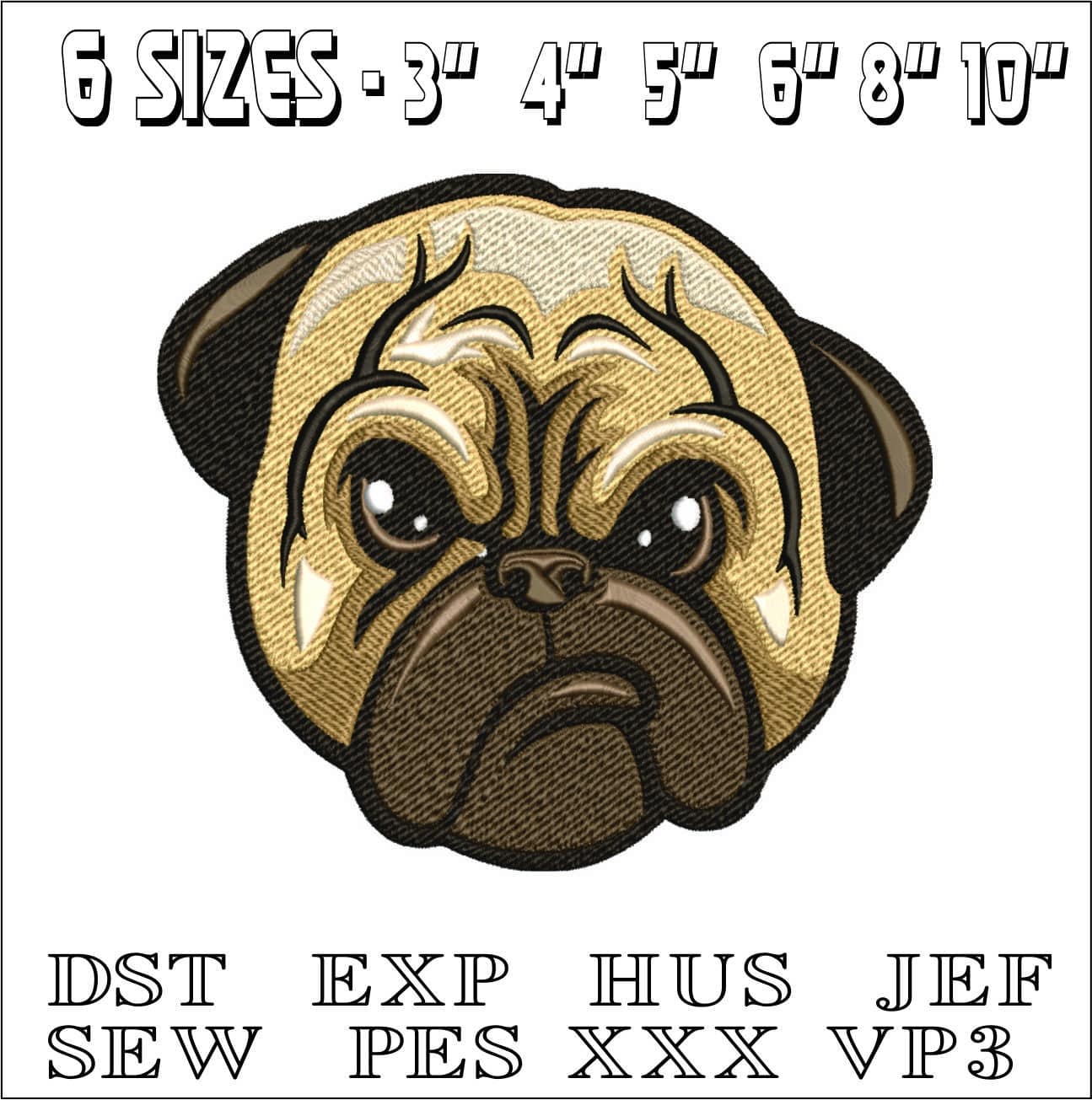 Pug Face- Elegant embroidery design file - instant download — view 2