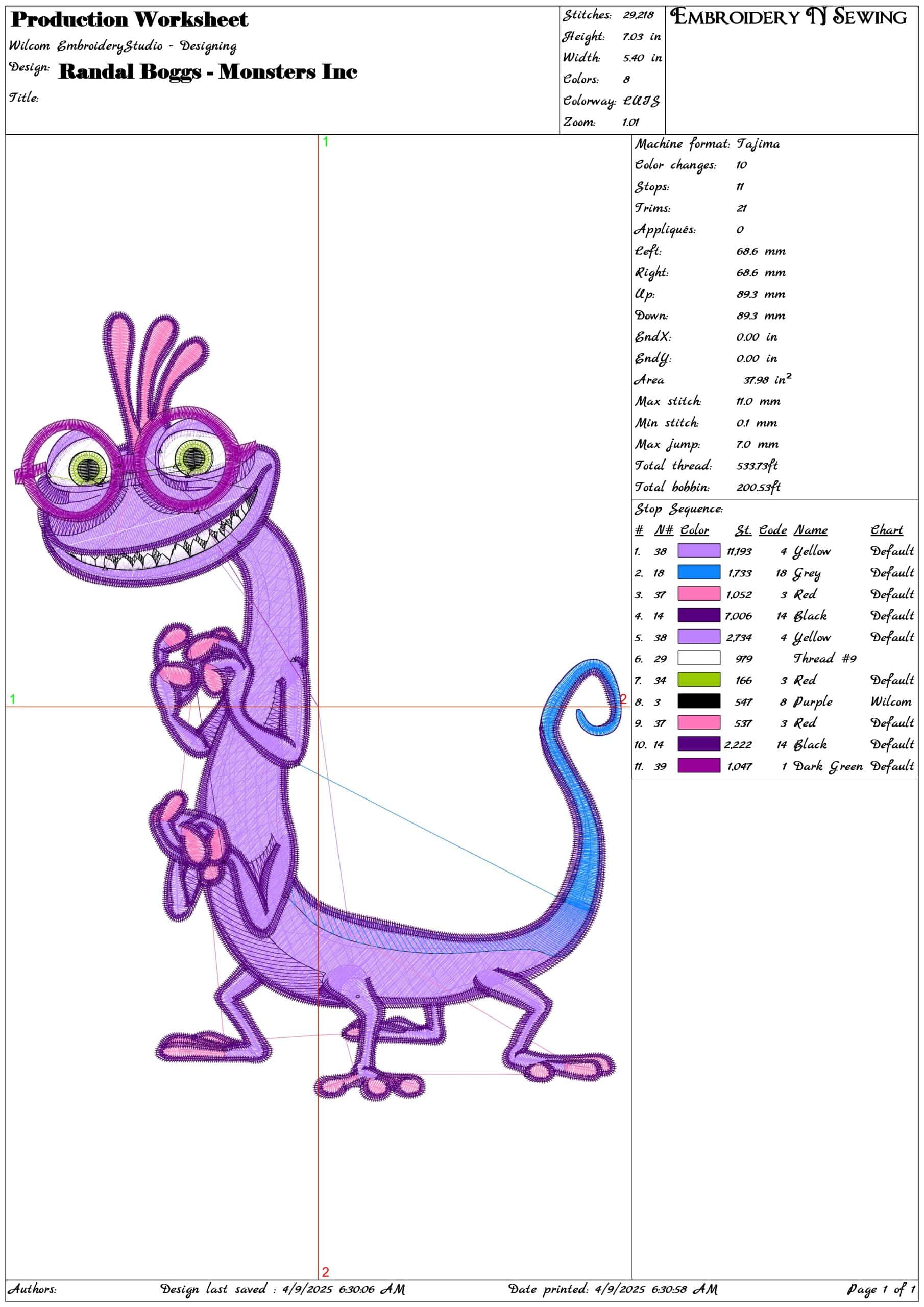 Randal Boggs - Monsters Inc- Elegant embroidery design file - instant download — view 3