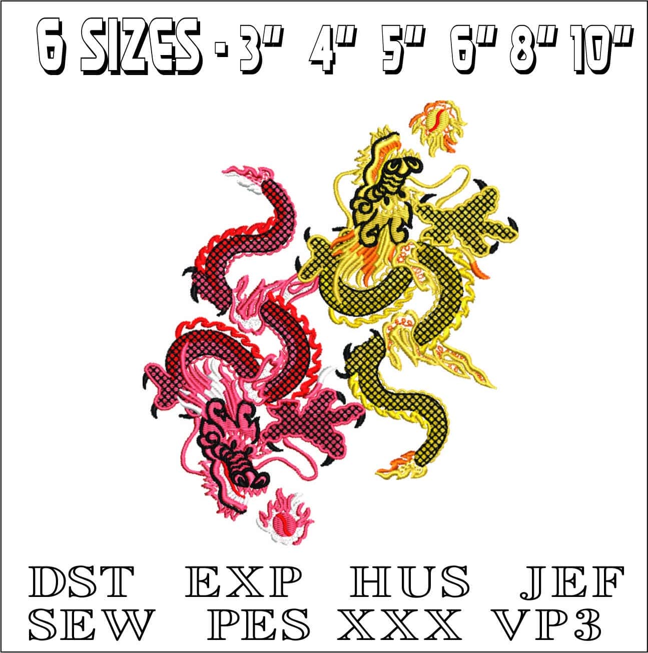 Red and Yellow Chinese Dragons- Elegant embroidery design file - instant download — view 2