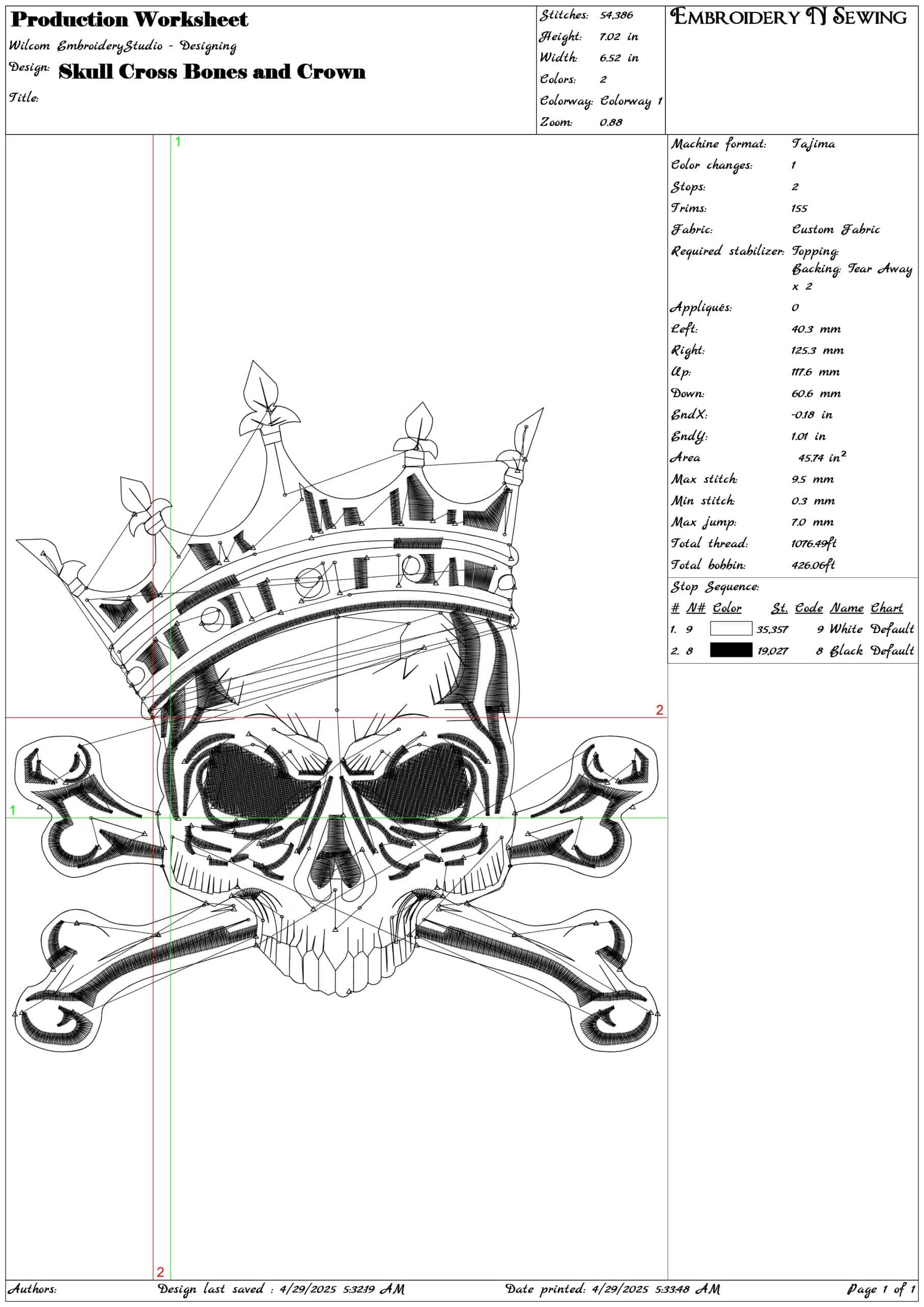 Skull Cross Bones and Crown- Elegant embroidery design file - instant download — view 3