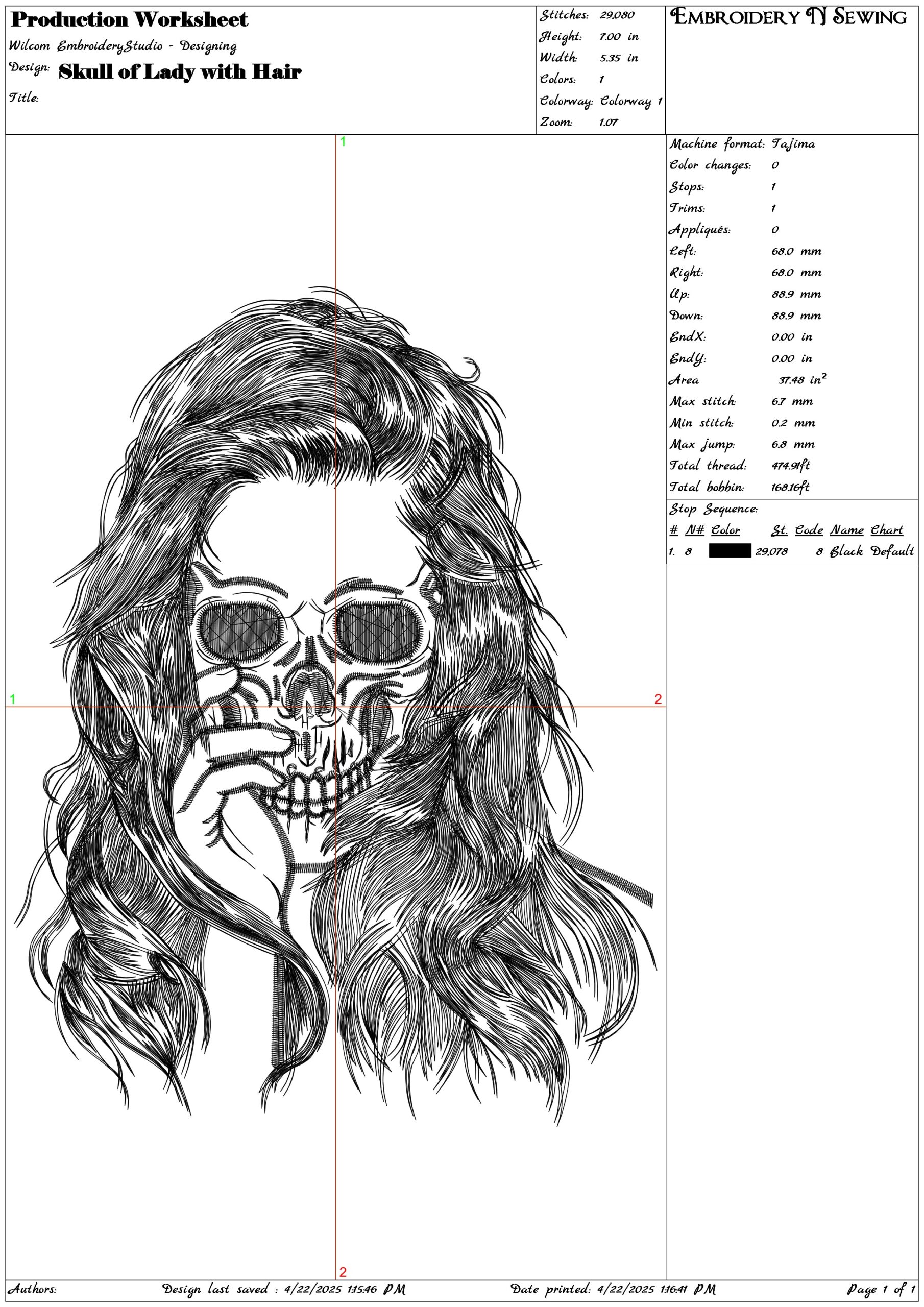 Skull of Lady with Hair- Elegant embroidery design file - instant download — view 3