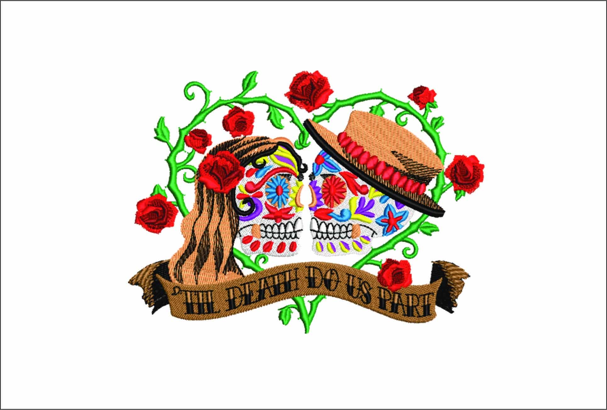 Sugar Skulls Death do us Part- Elegant embroidery design file - instant download
