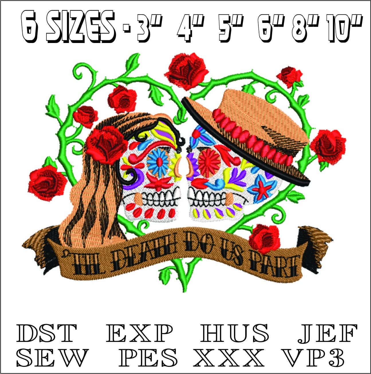 Sugar Skulls Death do us Part- Elegant embroidery design file - instant download — view 2