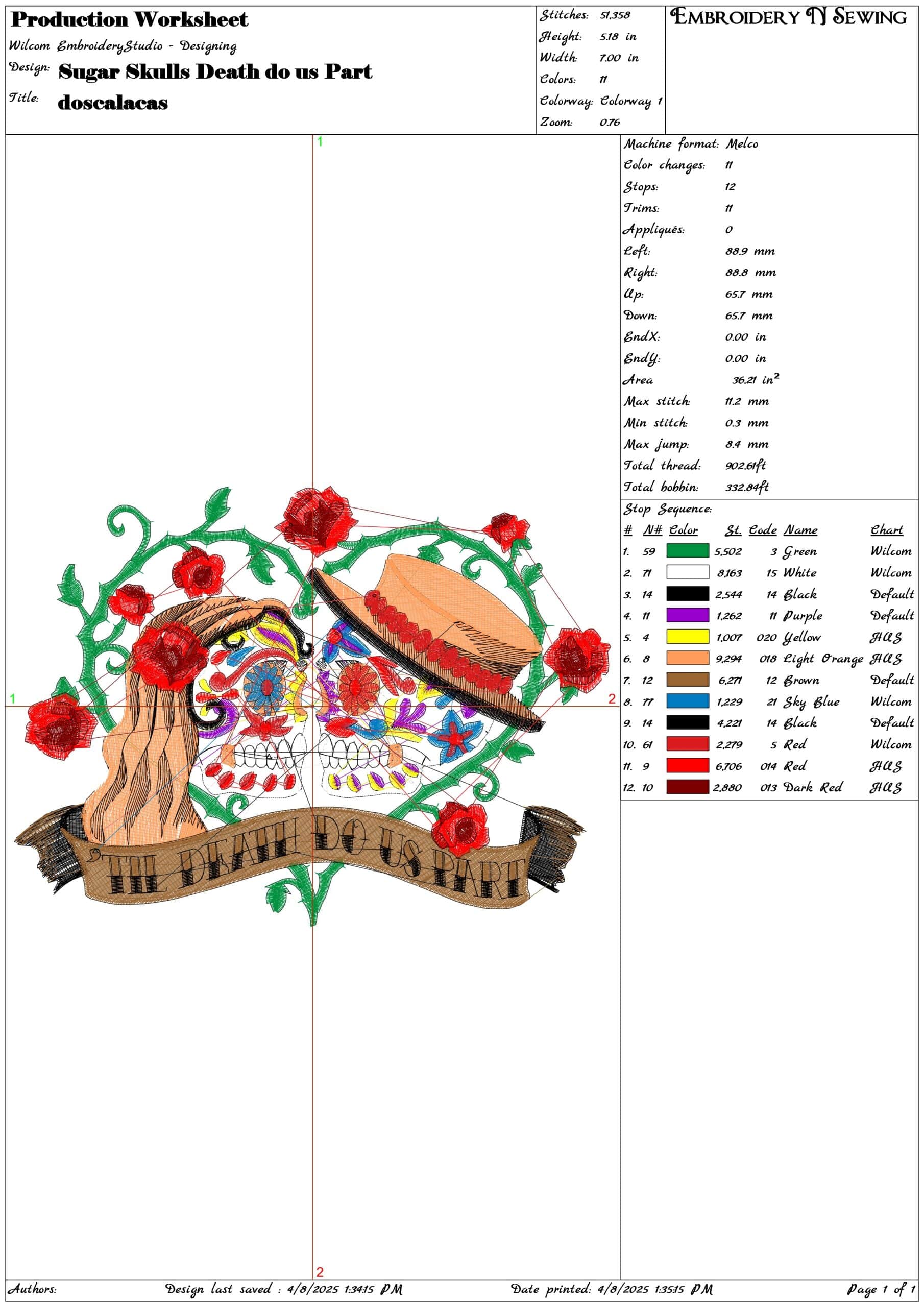 Sugar Skulls Death do us Part- Elegant embroidery design file - instant download — view 3