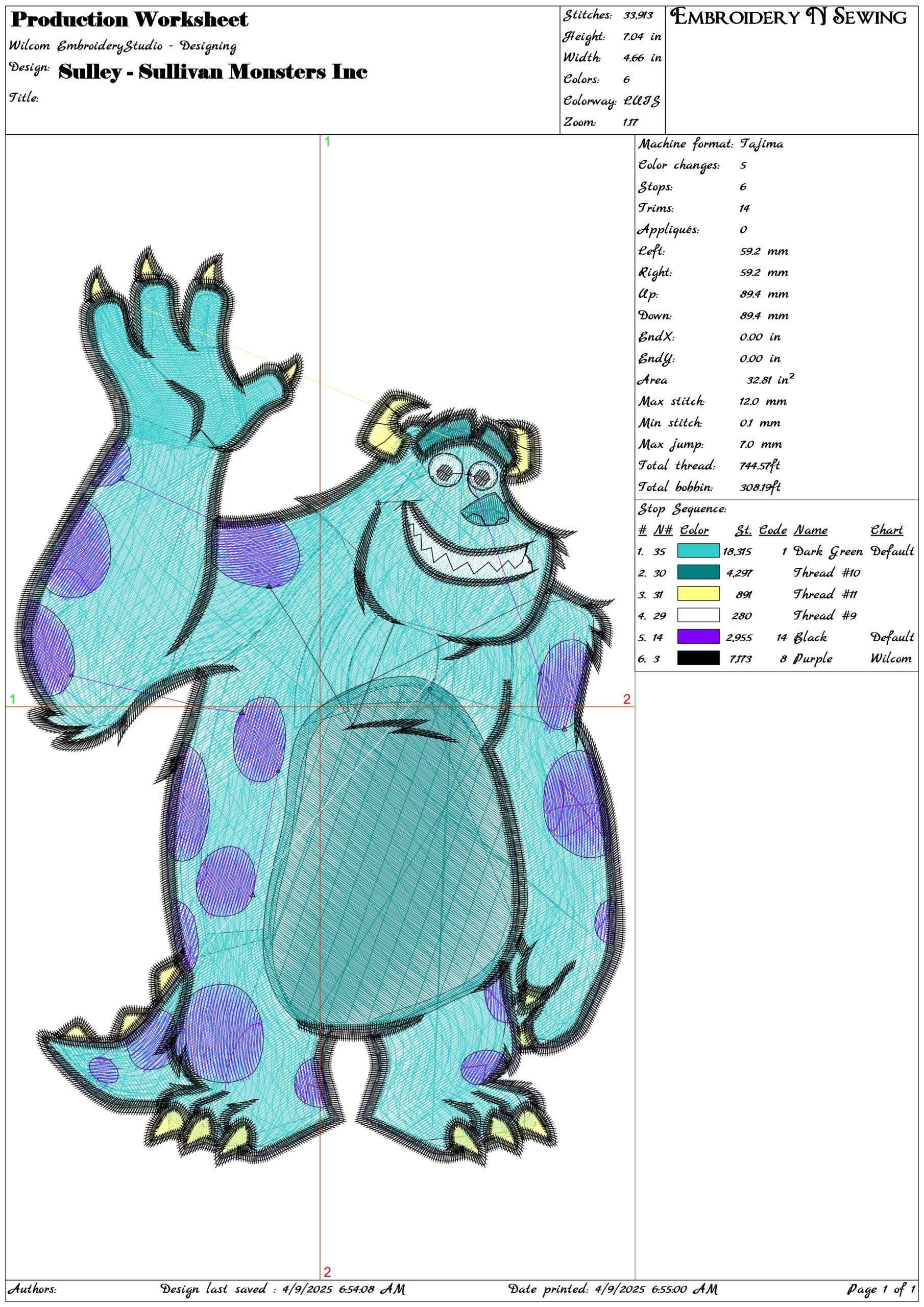 Sulley - Sullivan Monsters Inc- Elegant embroidery design file - instant download — view 3