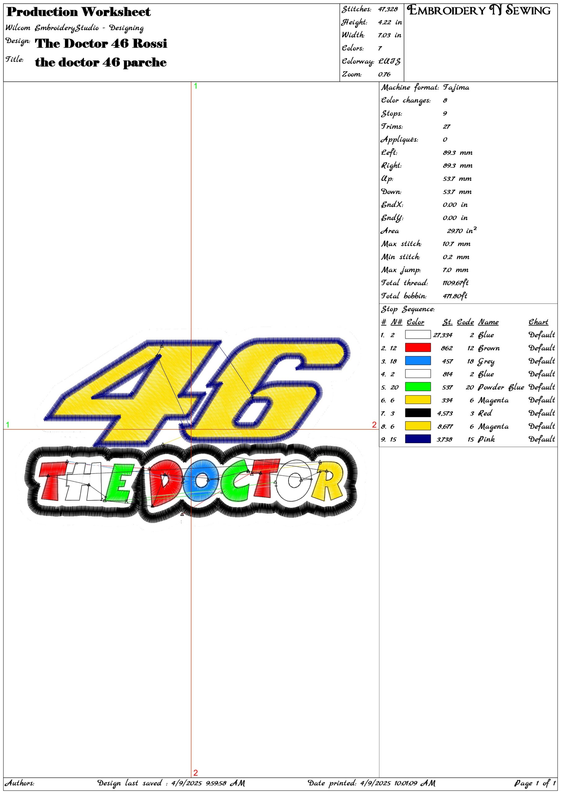 The Doctor 46 Rossi- Elegant embroidery design file - instant download — view 3