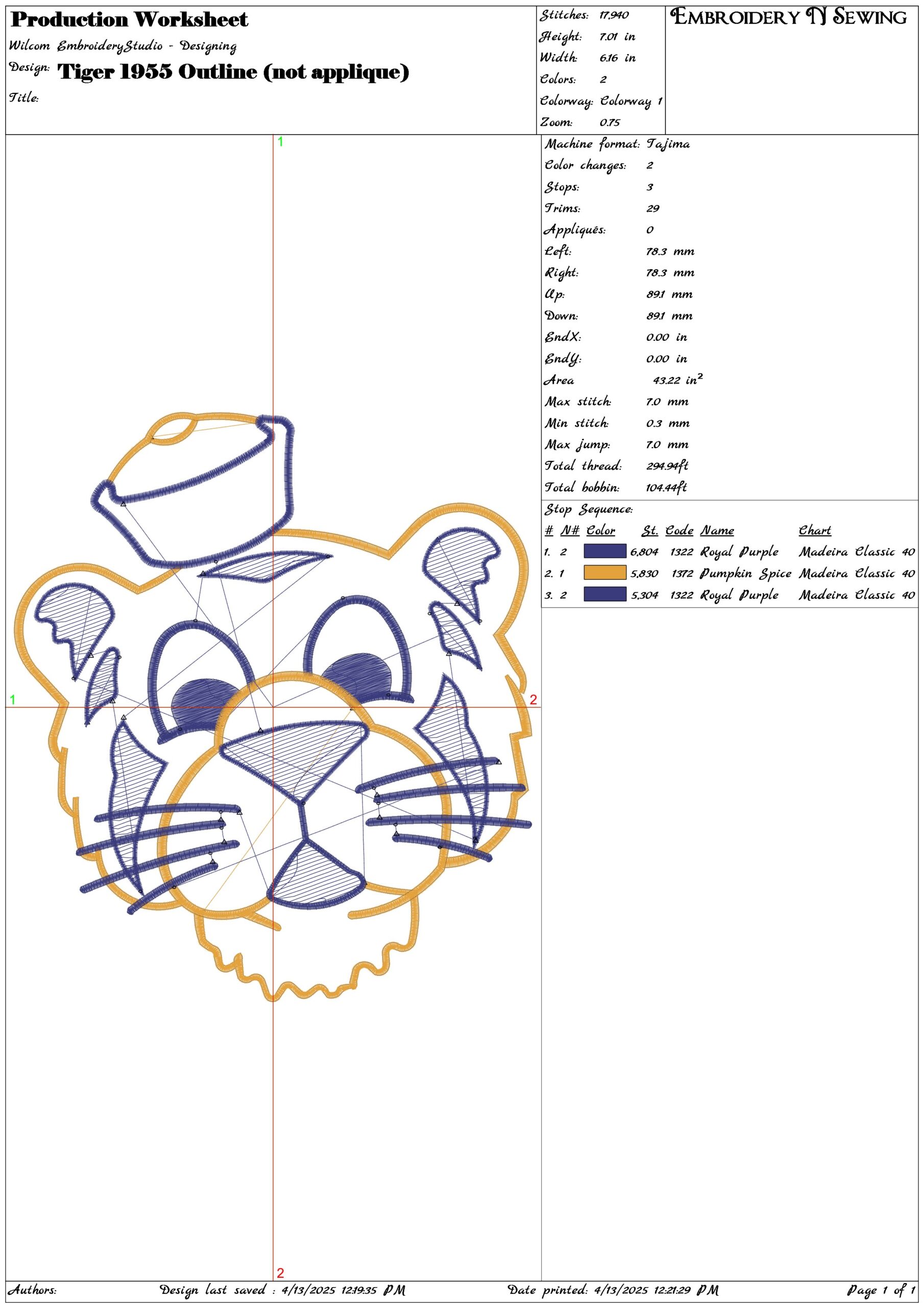 Tiger 1955 Outline (not applique)- Elegant embroidery design file - instant download — view 3