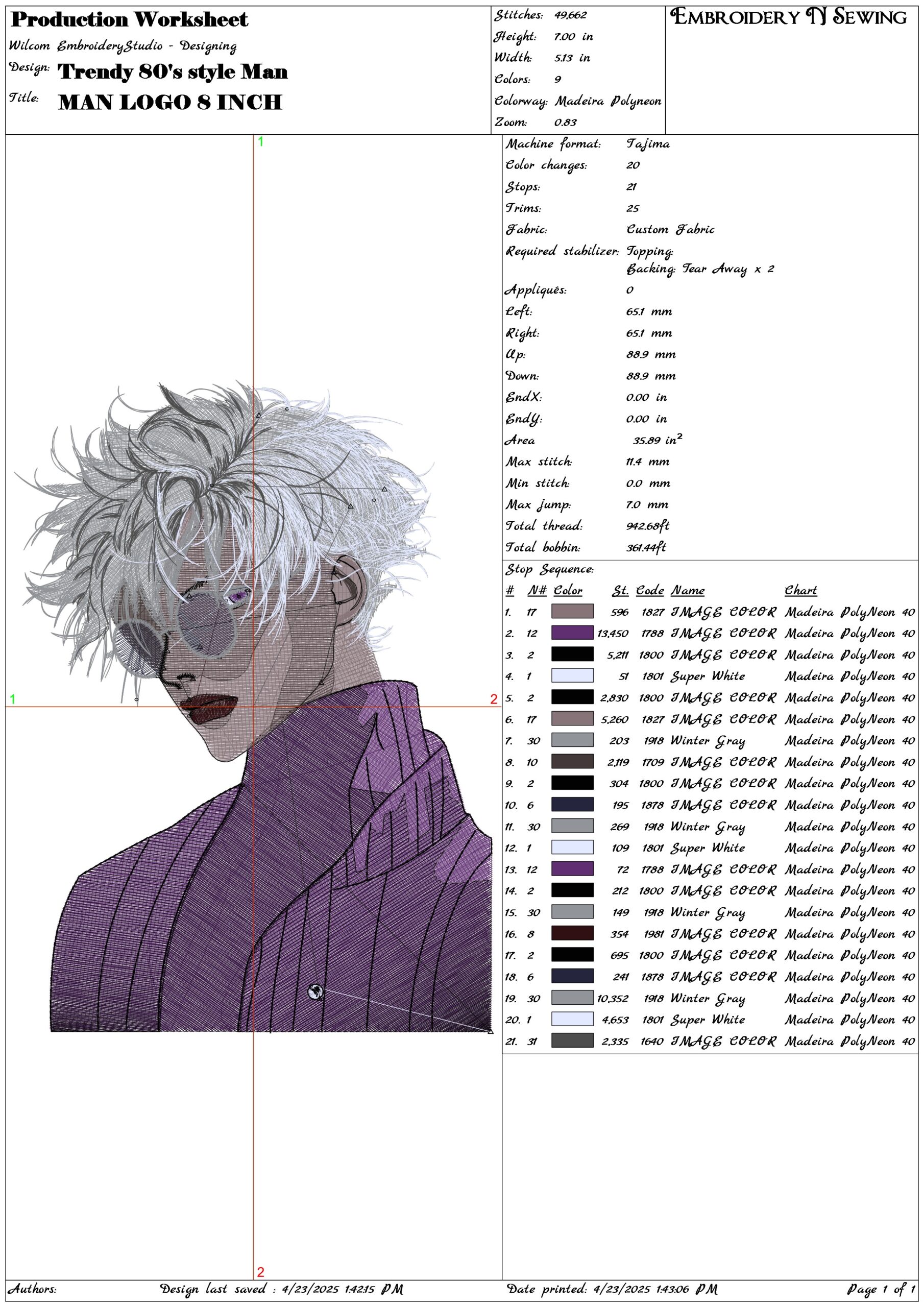 Trendy 80's style Man- Elegant embroidery design file - instant download — view 3