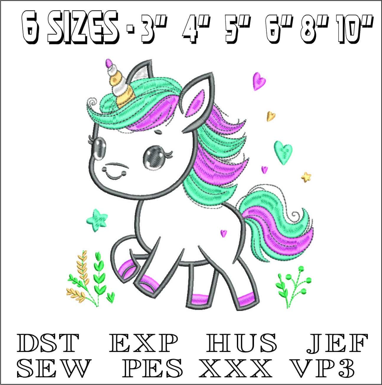 Unicorn Applique with flowers- Elegant embroidery design file - instant download — view 2