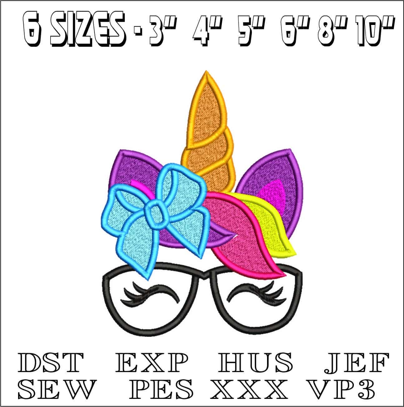Unicorn Face with Glasses- Elegant embroidery design file - instant download — view 2
