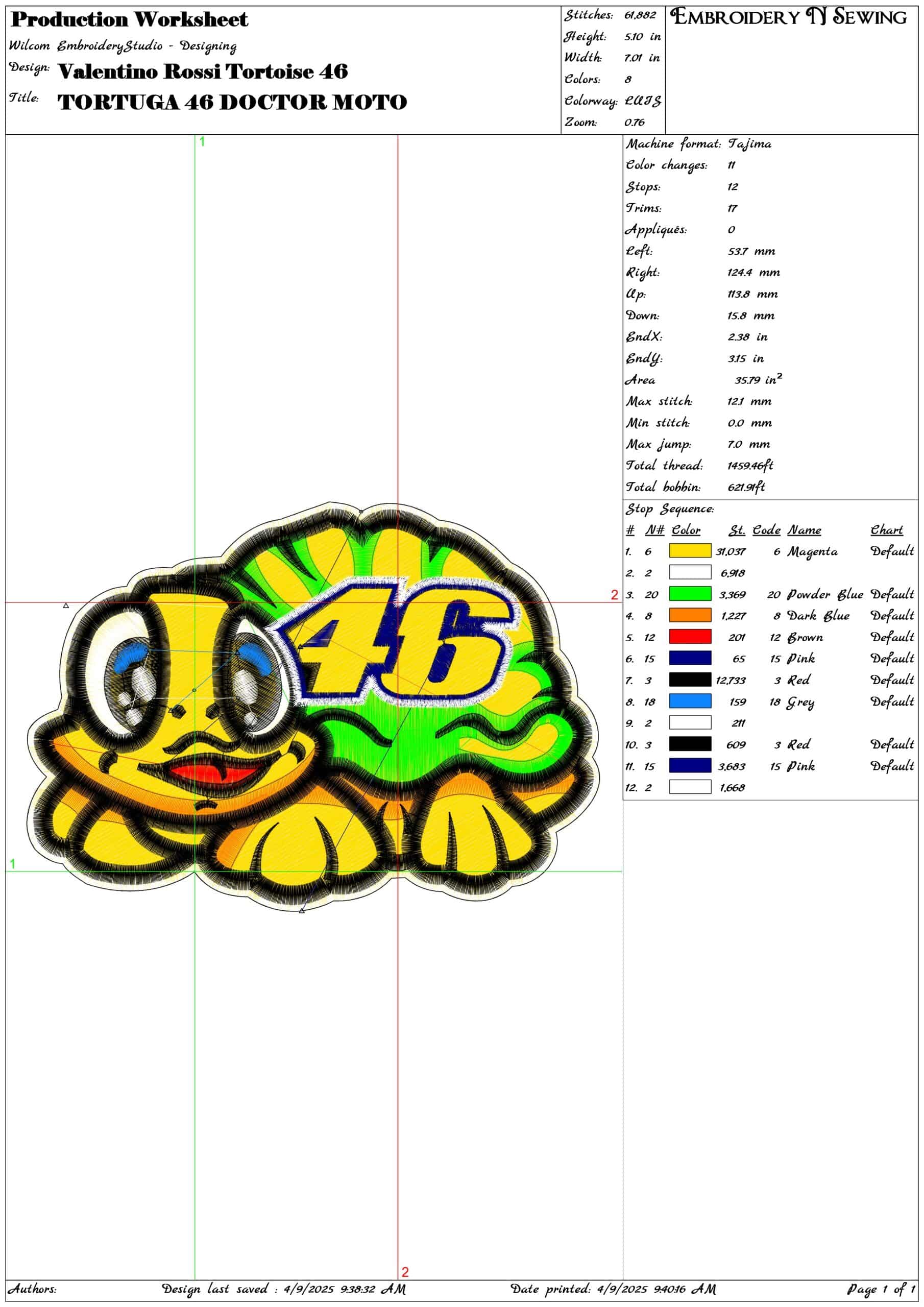 Valentino Rossi Tortoise 46- Elegant embroidery design file - instant download — view 3