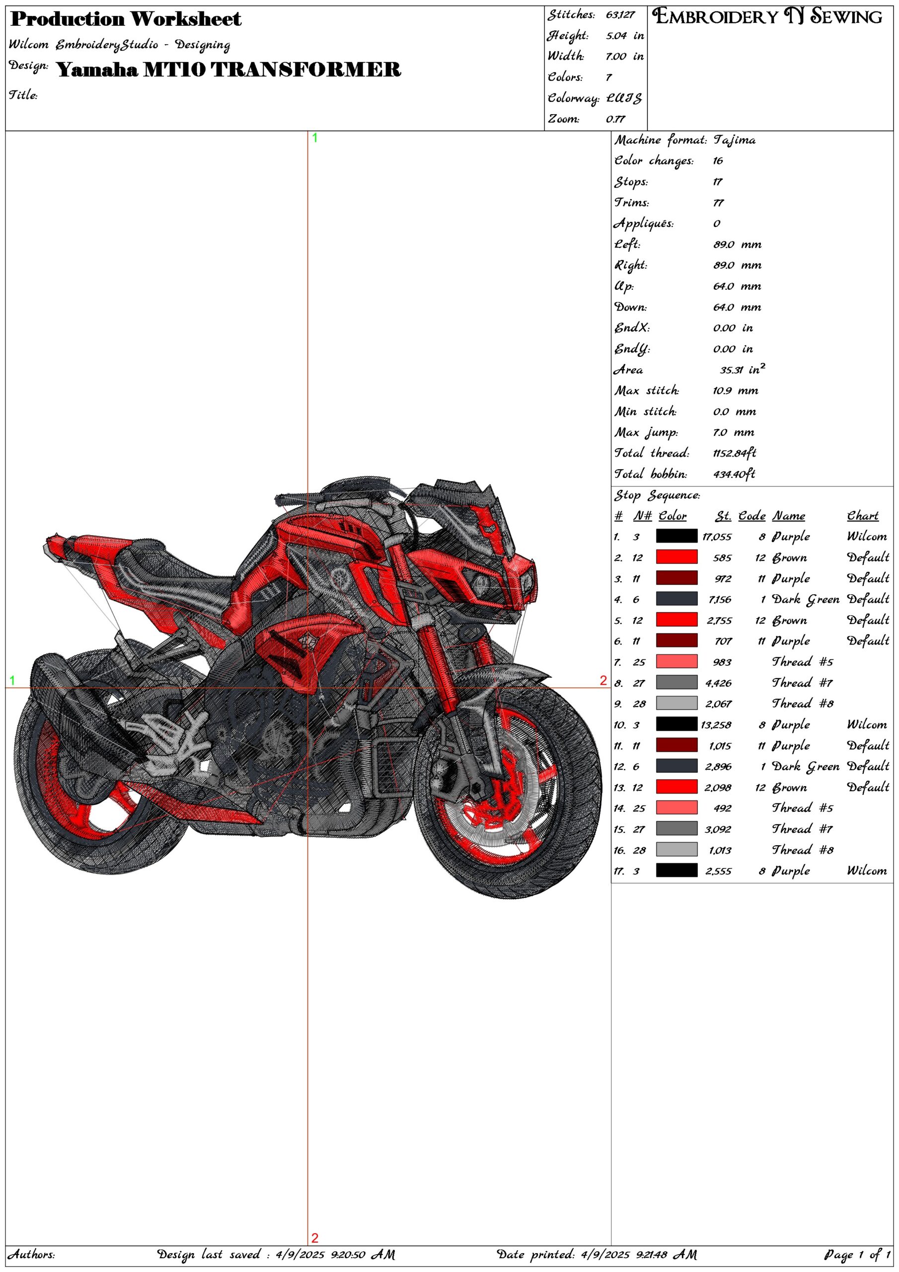 Yamaha MT10 TRANSFORMER- Elegant embroidery design file - instant download — view 3