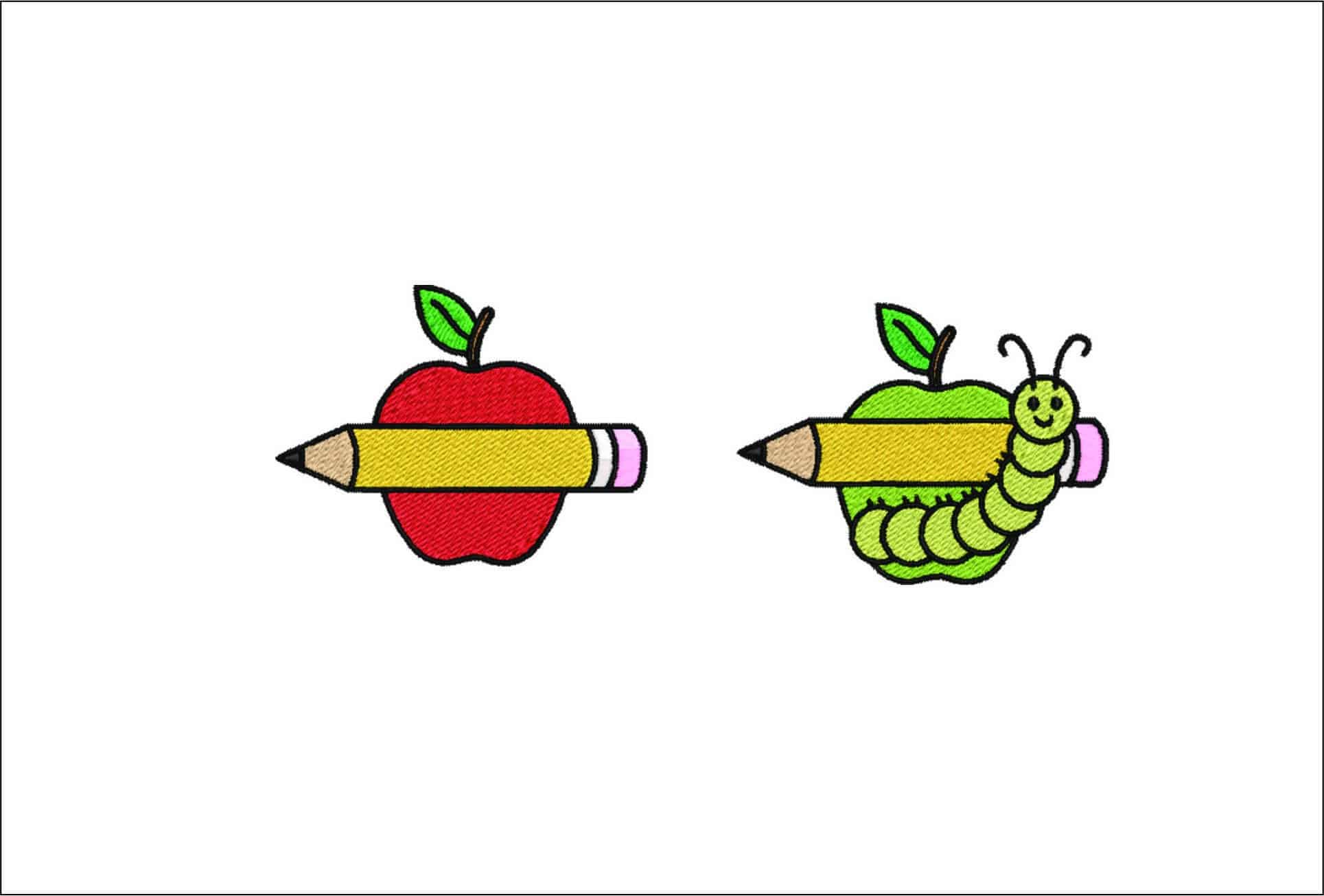 2 Pencil and Apple- Elegant embroidery design file - instant download