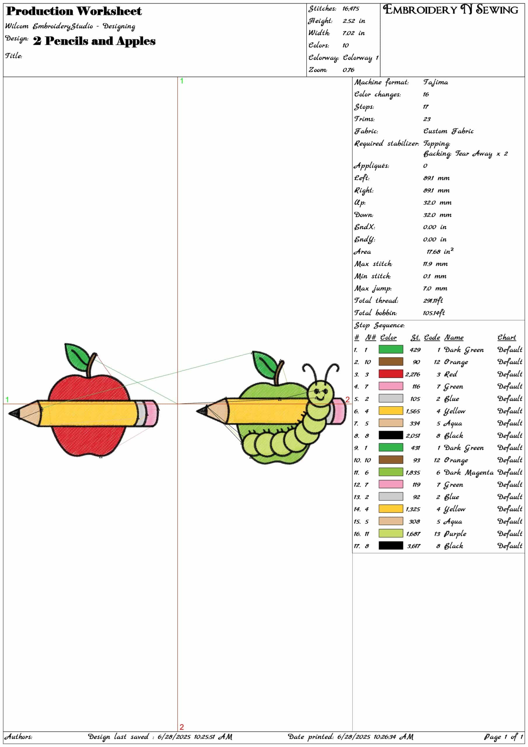 2 Pencil and Apple- Elegant embroidery design file - instant download — view 3