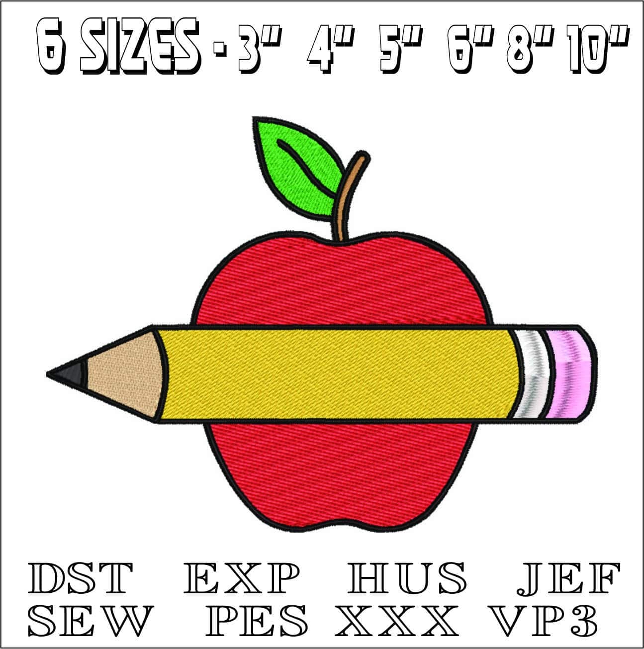 Apple and Pencil- Elegant embroidery design file - instant download — view 2