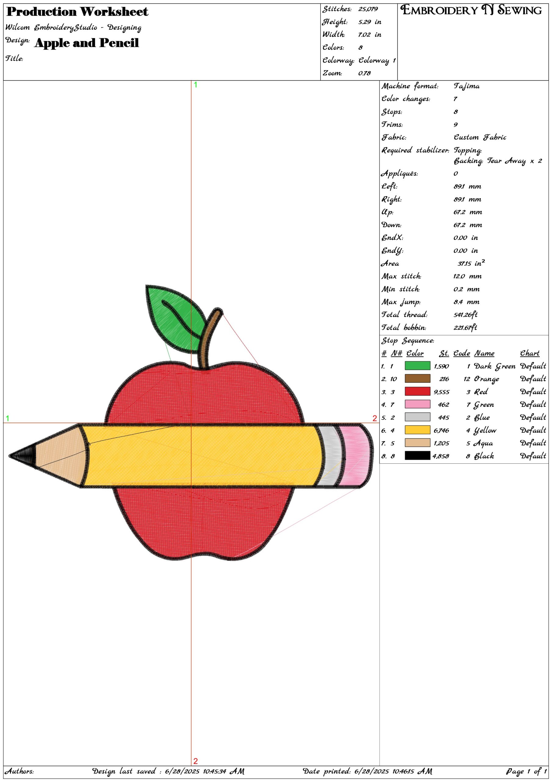 Apple and Pencil- Elegant embroidery design file - instant download — view 3