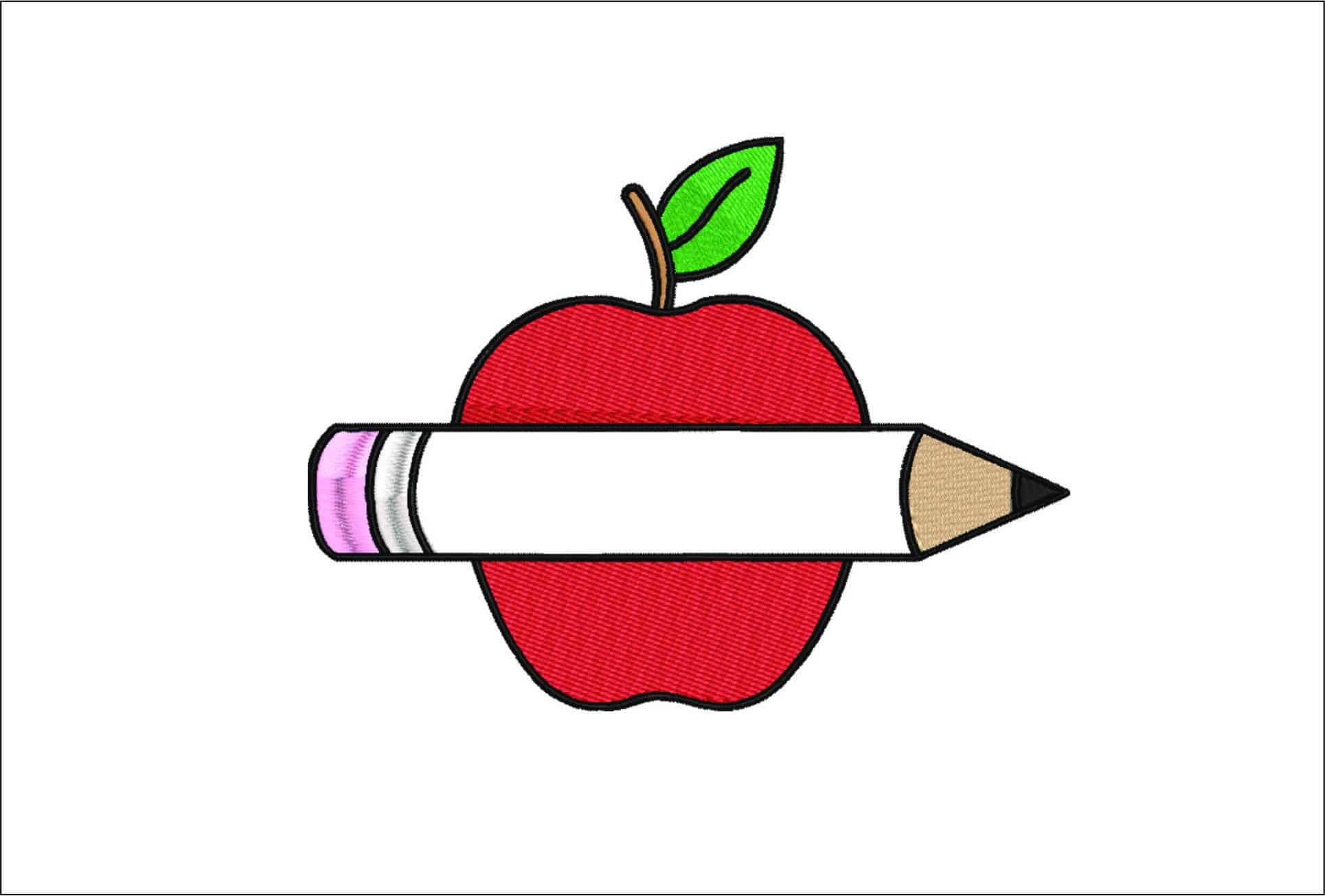 Apple Blank Pencil for Name- Elegant embroidery design file - instant download