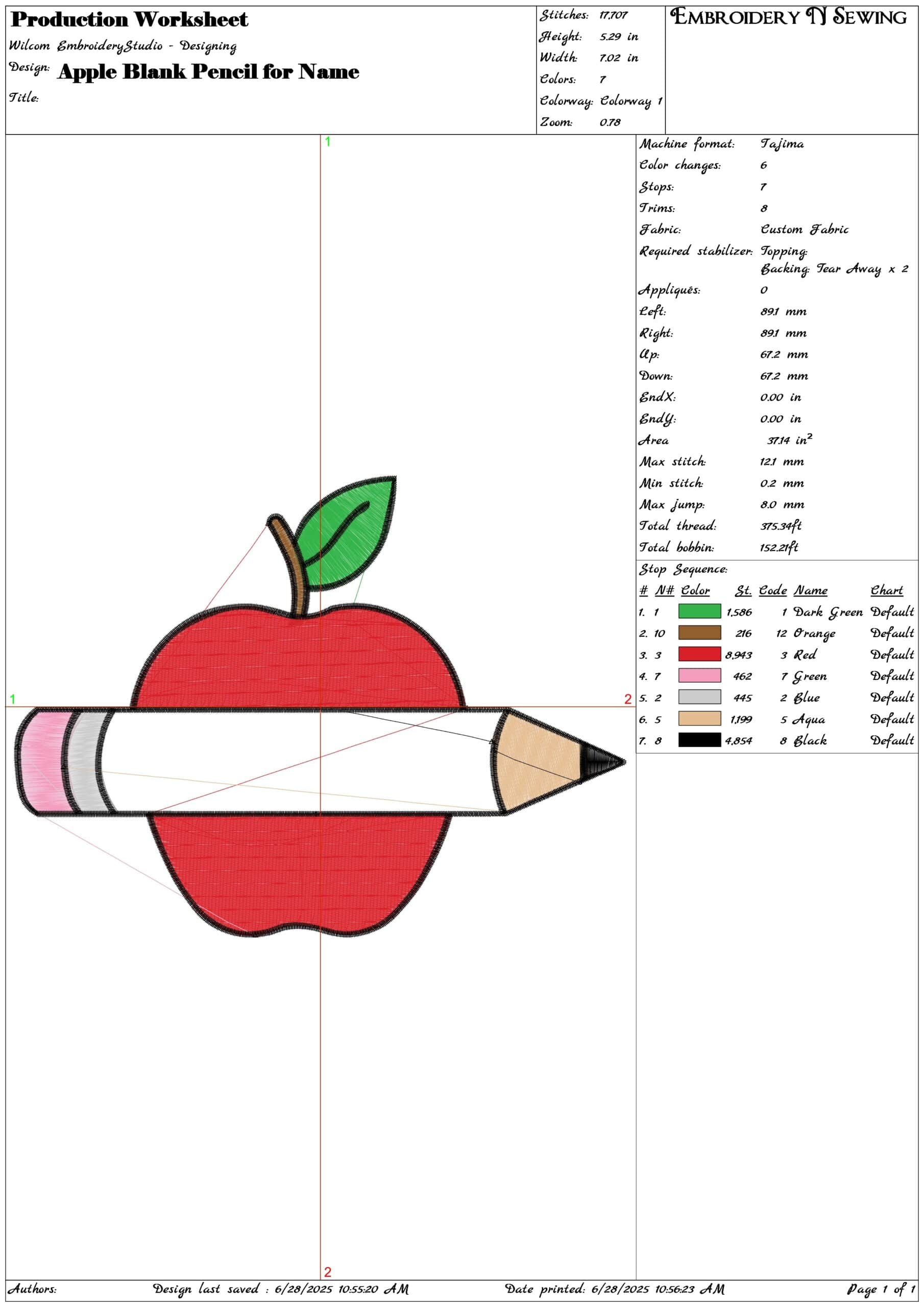 Apple Blank Pencil for Name- Elegant embroidery design file - instant download — view 3