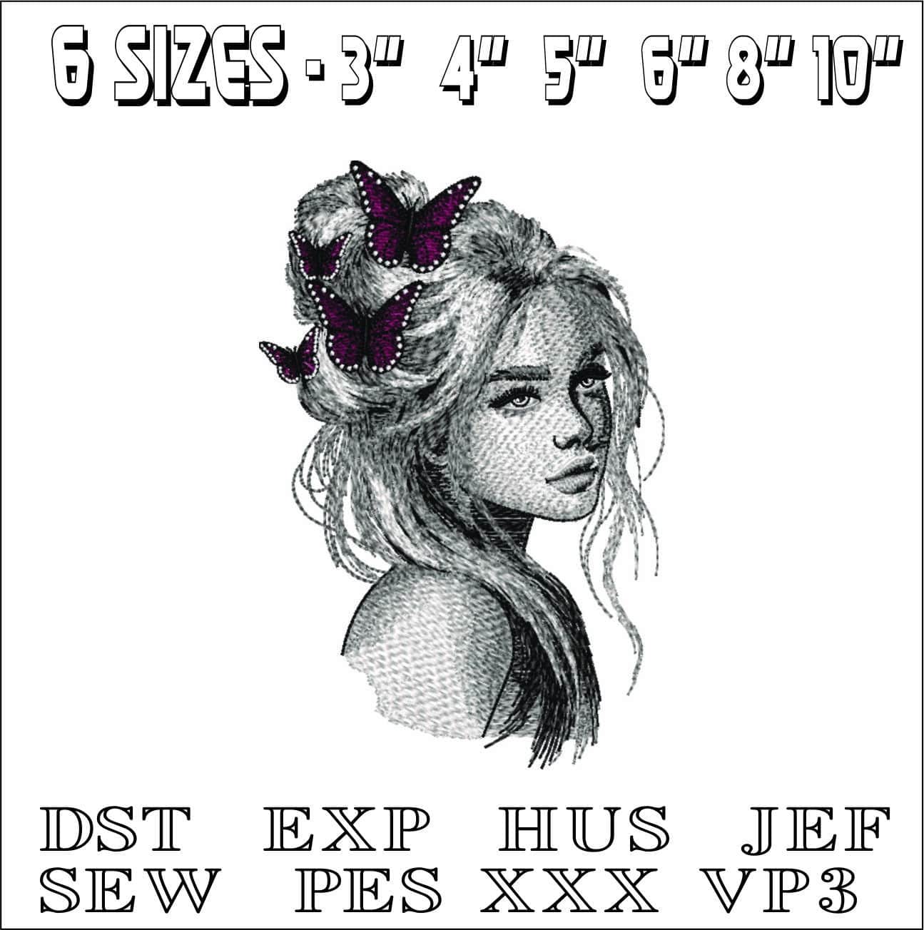 Beautiful face with Butterflies in hair- Elegant embroidery design file - instant download — view 2