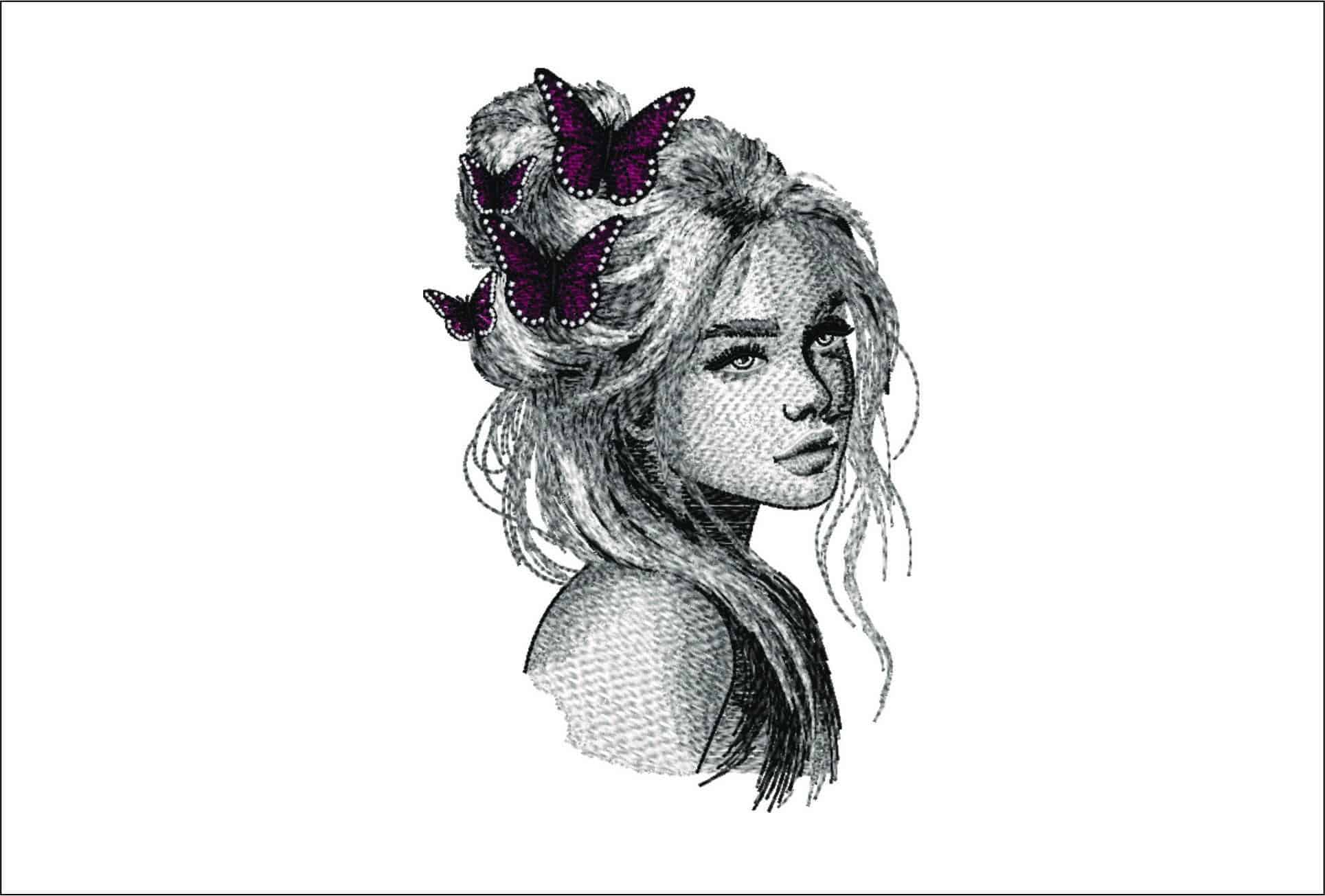 Beautiful face with Butterflies in hair- Elegant embroidery design file - instant download