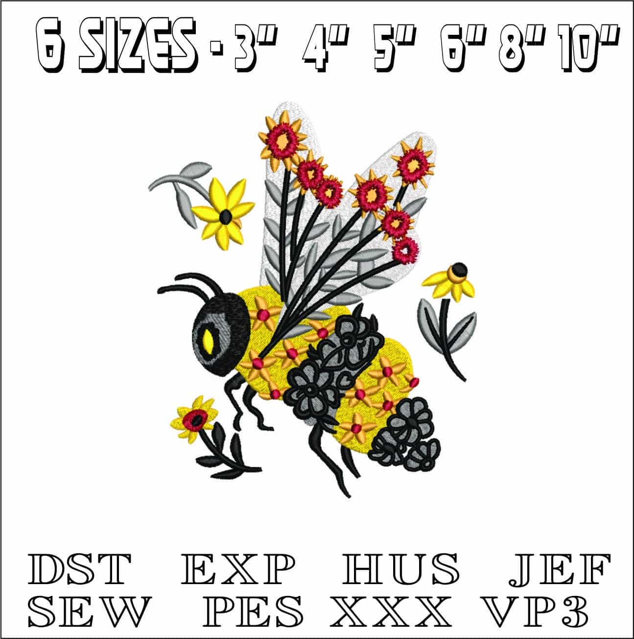 Bee and yellow flowers- Elegant embroidery design file - instant download — view 2