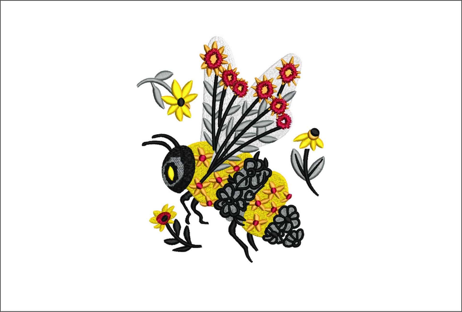 Bee and yellow flowers- Elegant embroidery design file - instant download