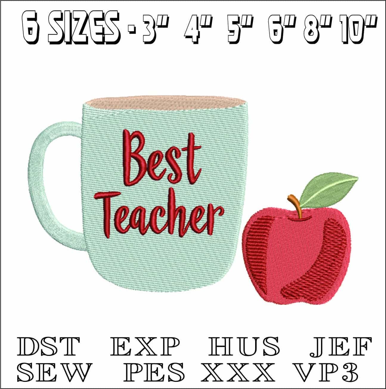 Best Teacher Mug and Apple- Elegant embroidery design file - instant download — view 2