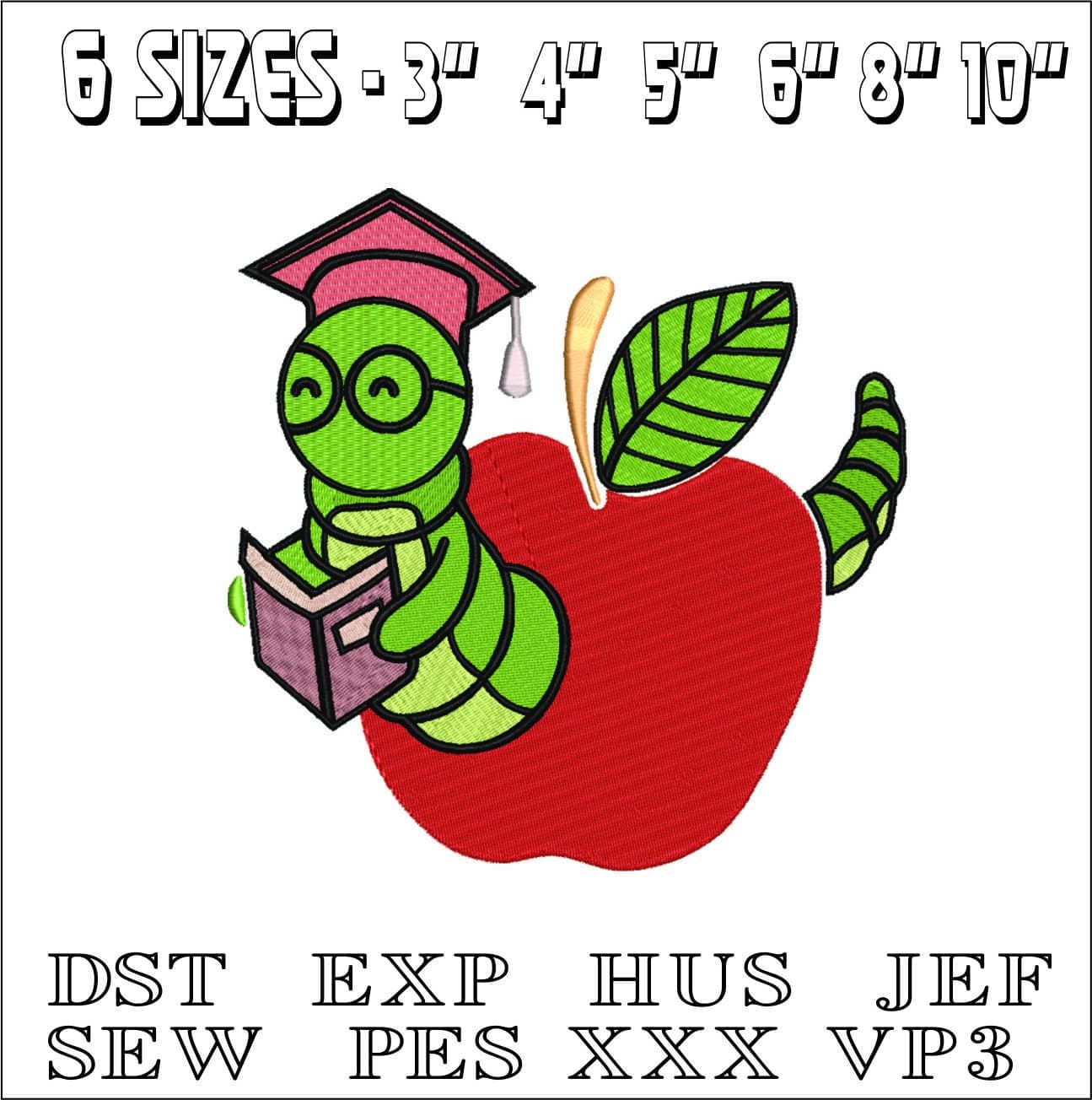 Bookworm in Apple with Graduation hat- Elegant embroidery design file - instant download — view 2
