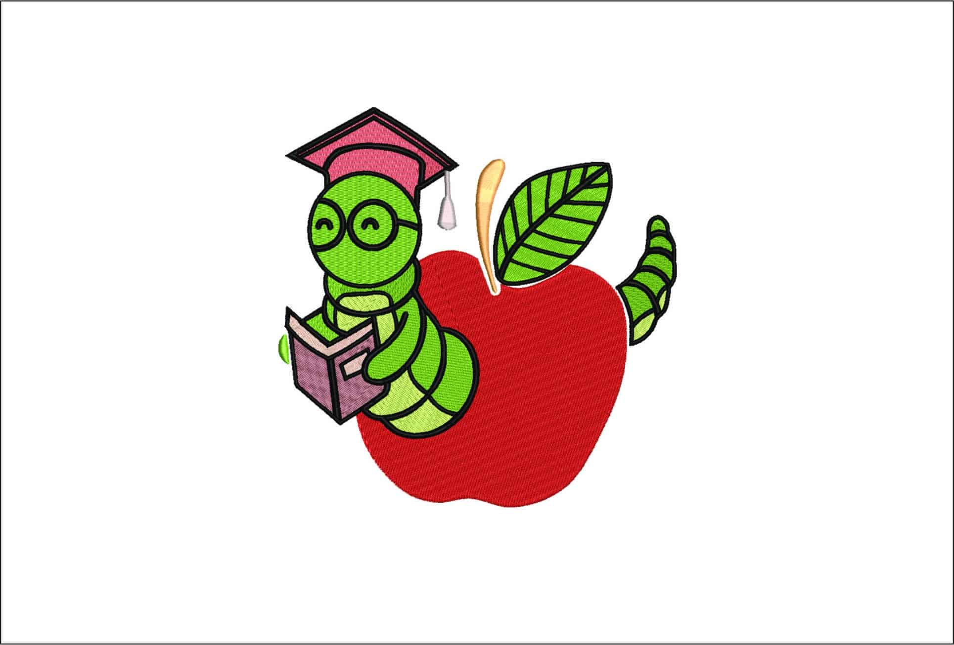 Bookworm in Apple with Graduation hat- Elegant embroidery design file - instant download