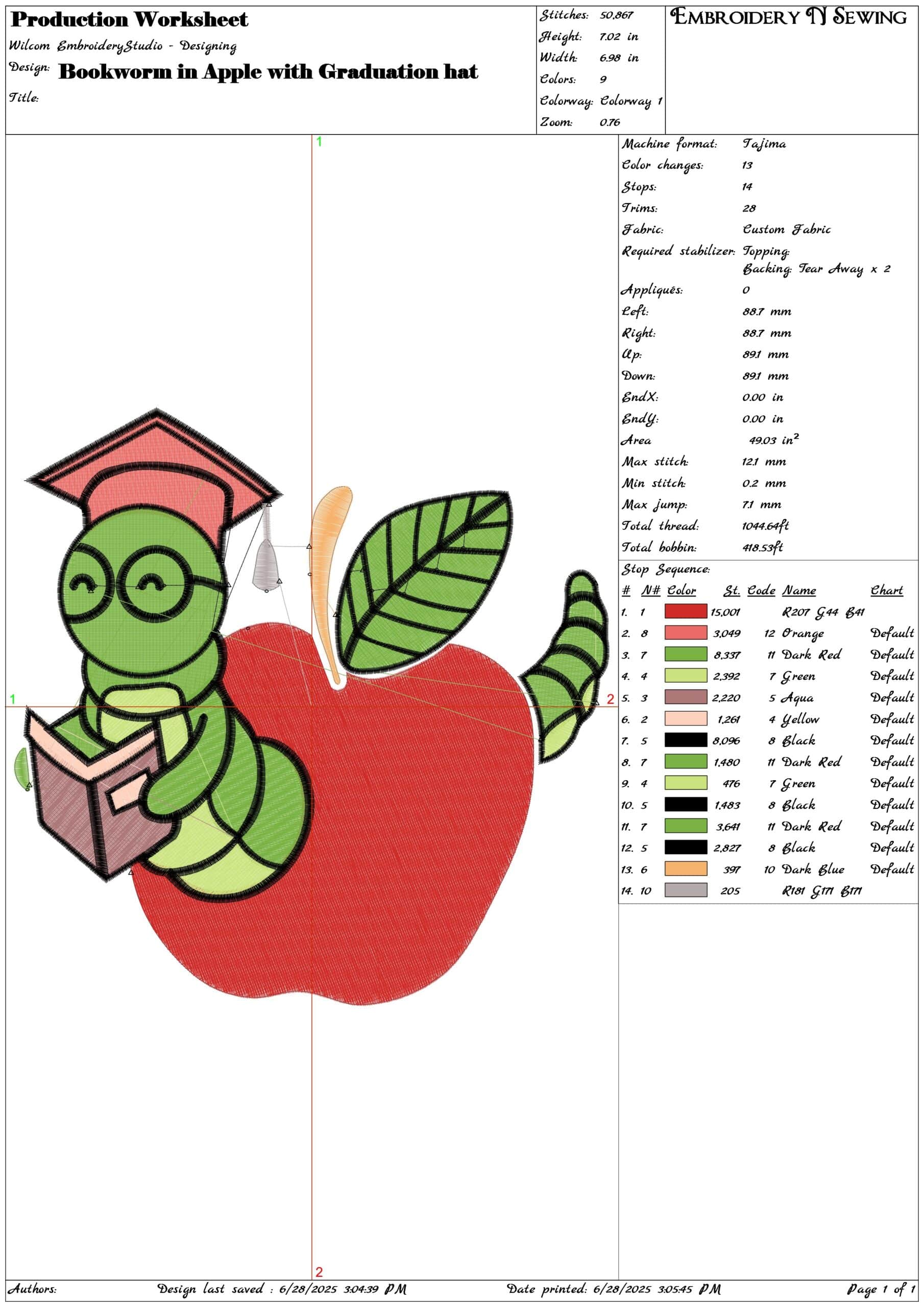 Bookworm in Apple with Graduation hat- Elegant embroidery design file - instant download — view 3