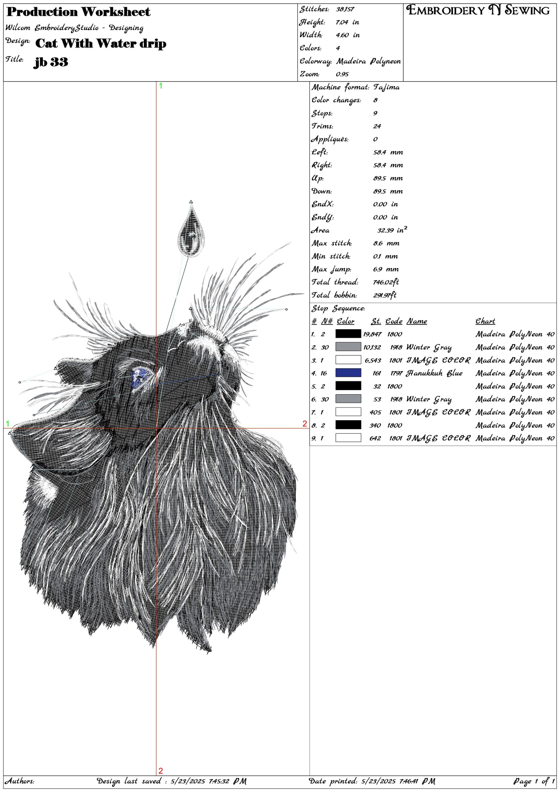 Cat With Water drip- Elegant embroidery design file - instant download — view 3