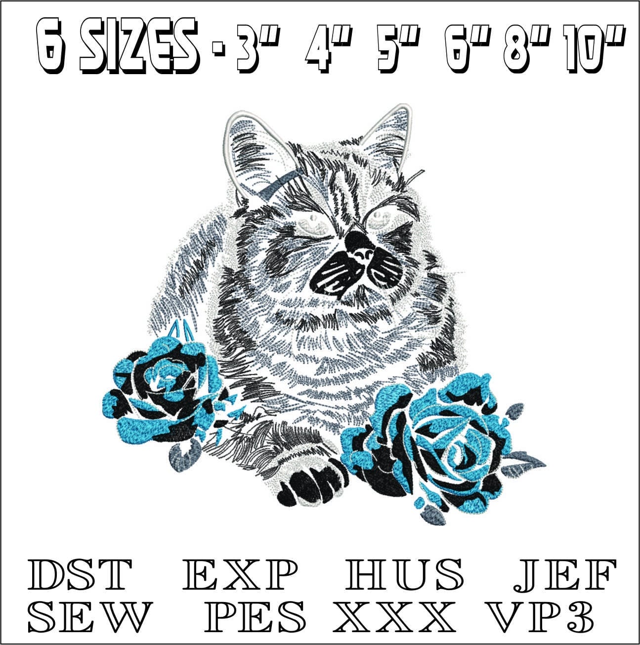 Cat with Flowers- Elegant embroidery design file - instant download — view 2