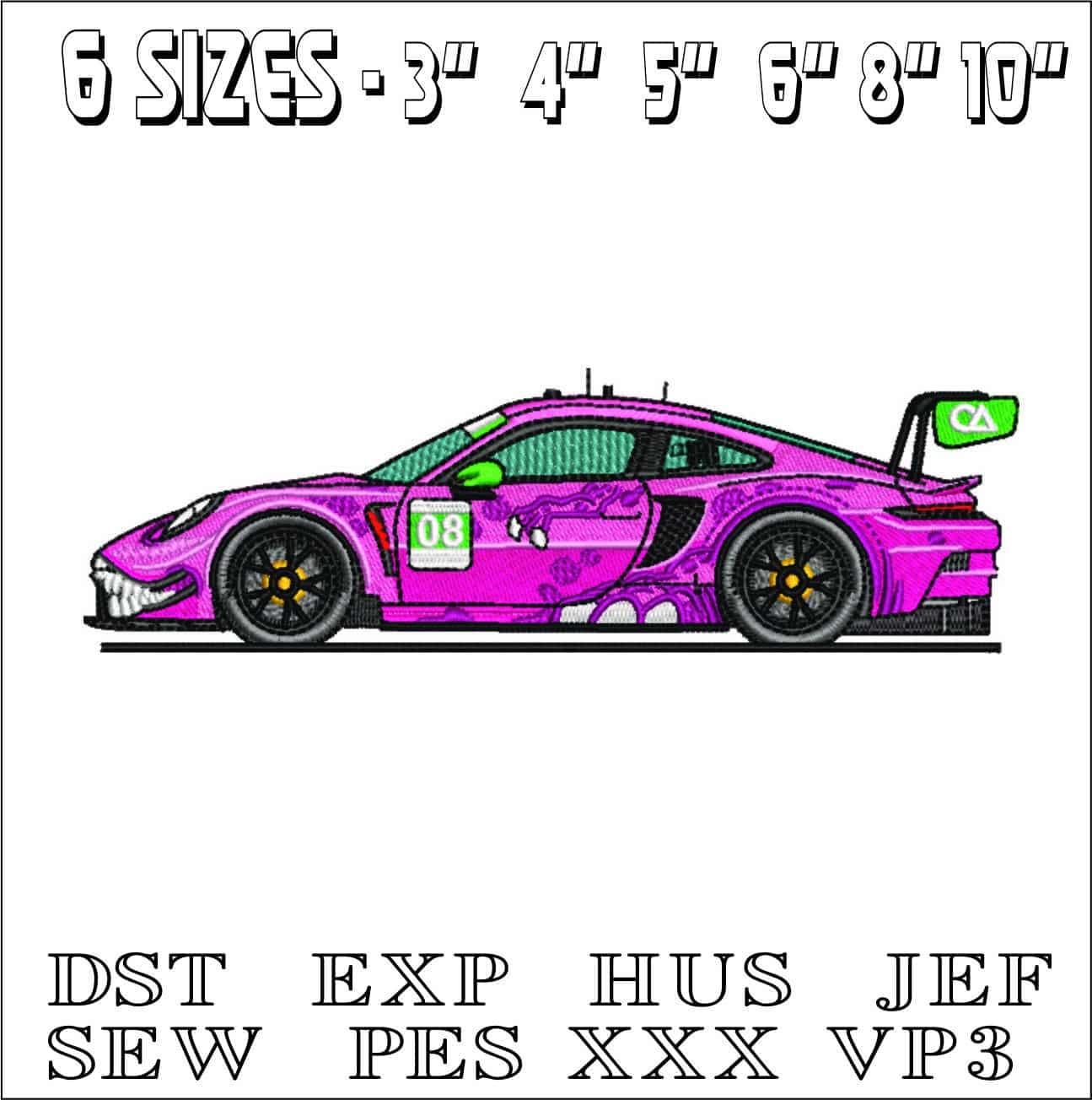 Dinosaur Porsche 911 GT3 RS- Elegant embroidery design file - instant download — view 2