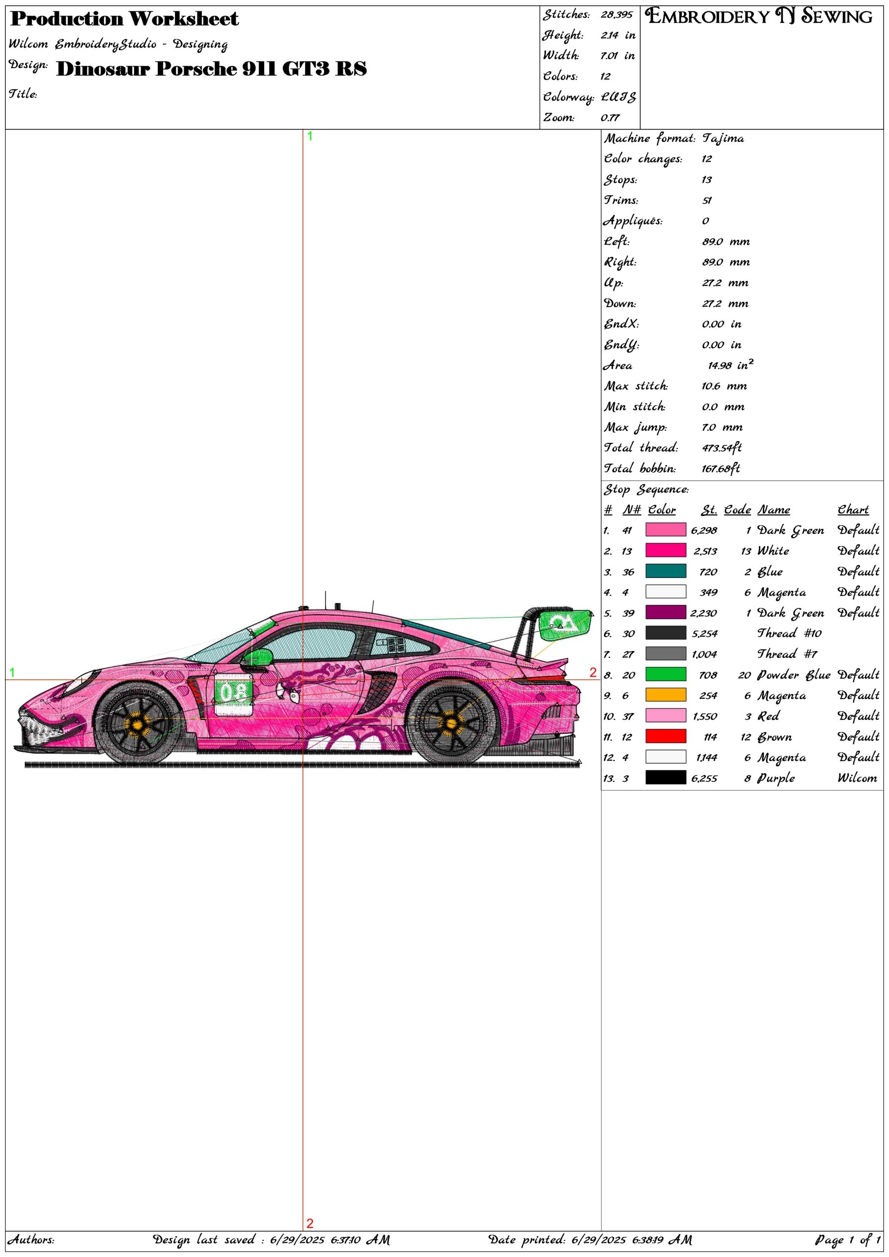 Dinosaur Porsche 911 GT3 RS- Elegant embroidery design file - instant download — view 3