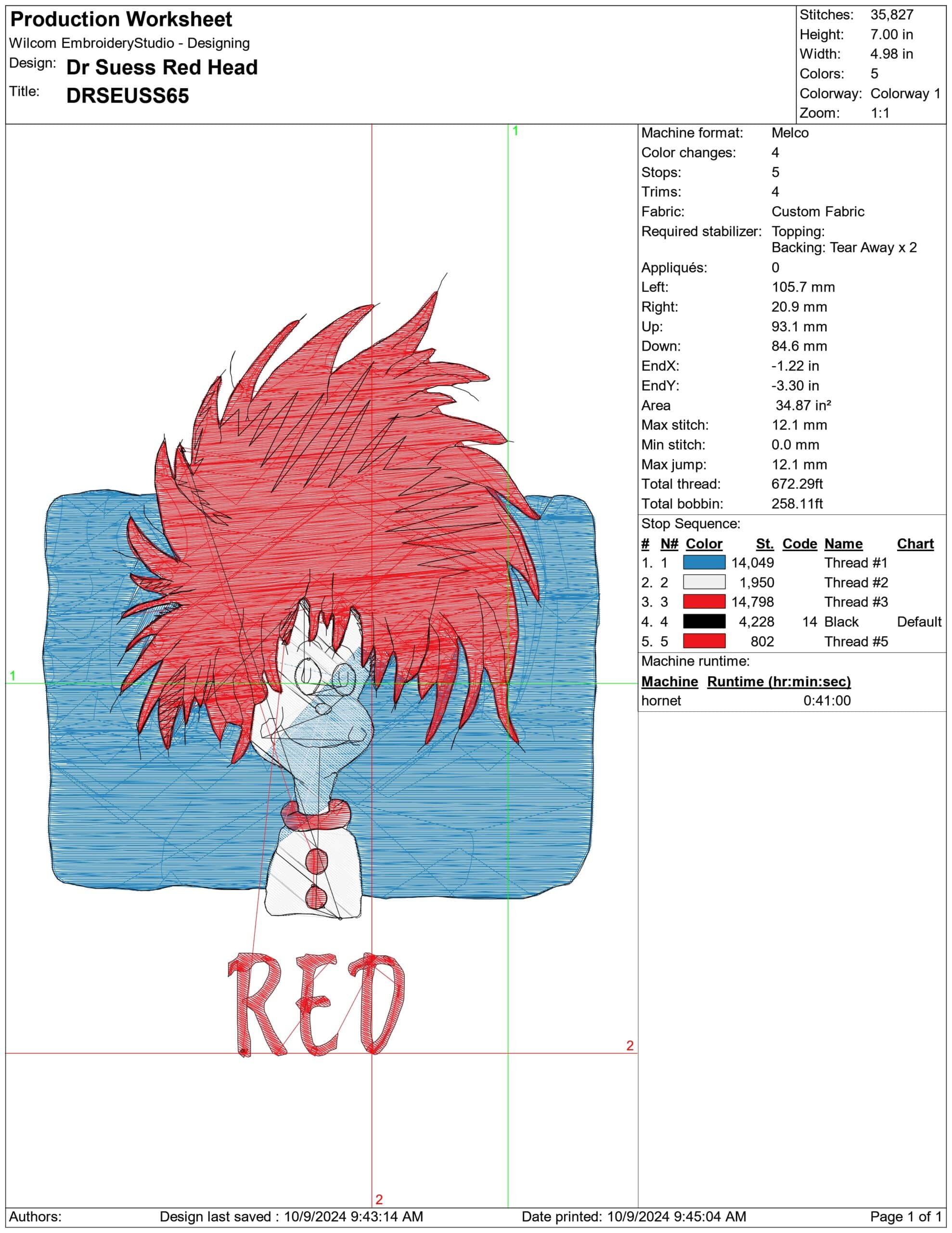 Dr Suess Red Head- Elegant embroidery design file - instant download — view 3