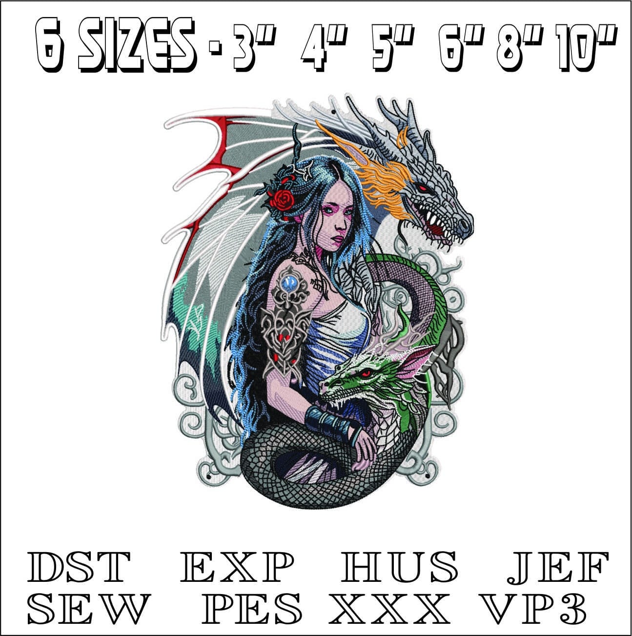 Dragon and Girl- Elegant embroidery design file - instant download — view 2
