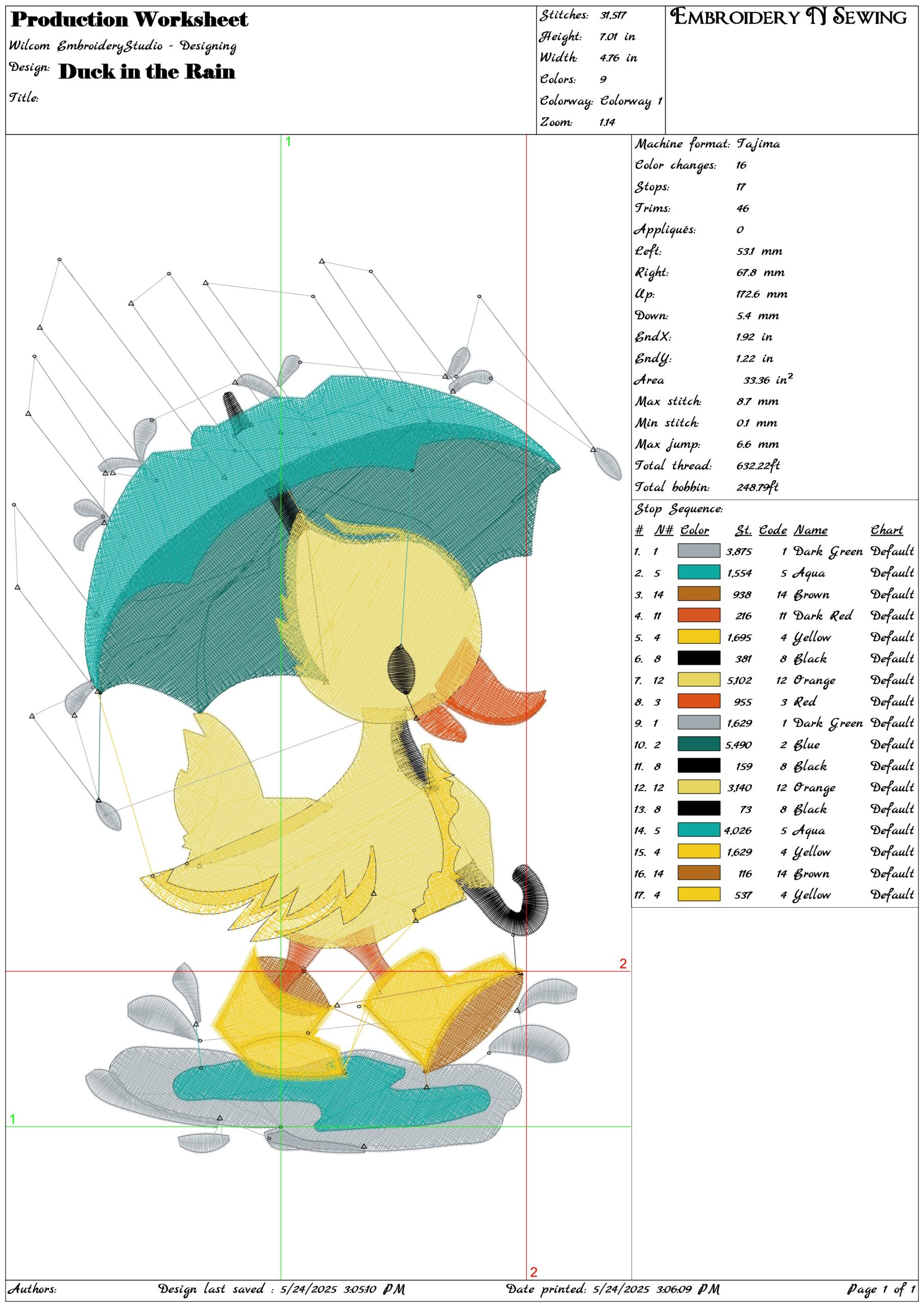 Duck in the Rain- Elegant embroidery design file - instant download — view 3