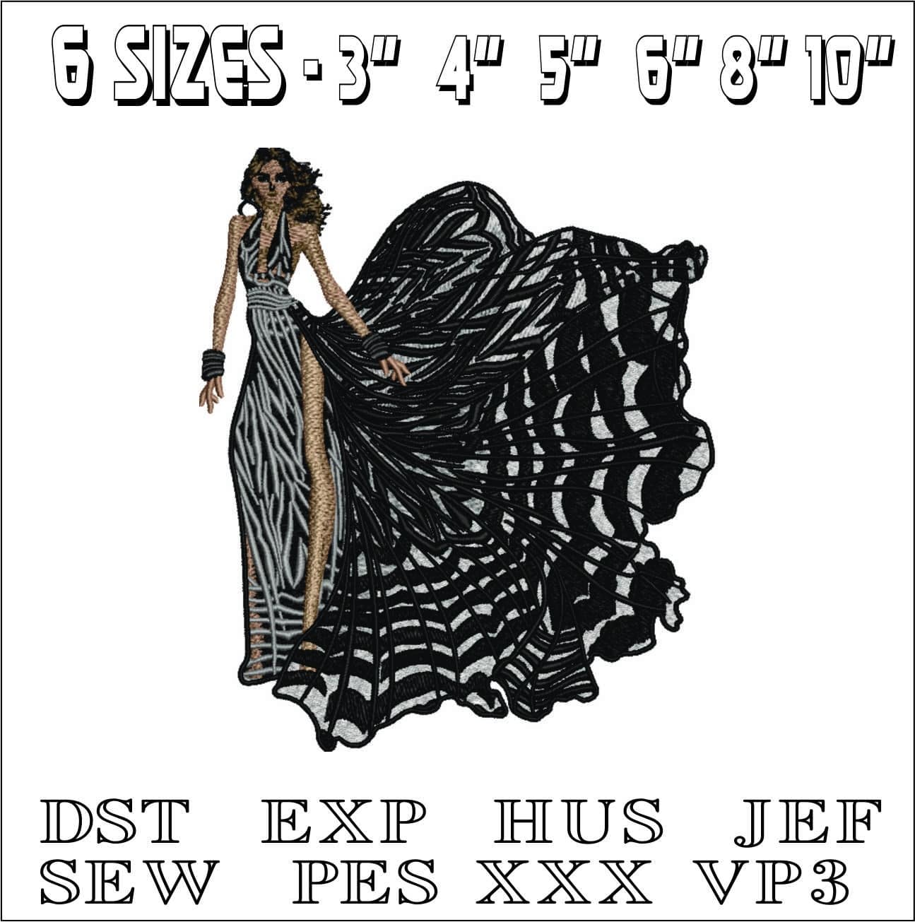 Elegant Lady in Black and White- Elegant embroidery design file - instant download — view 2