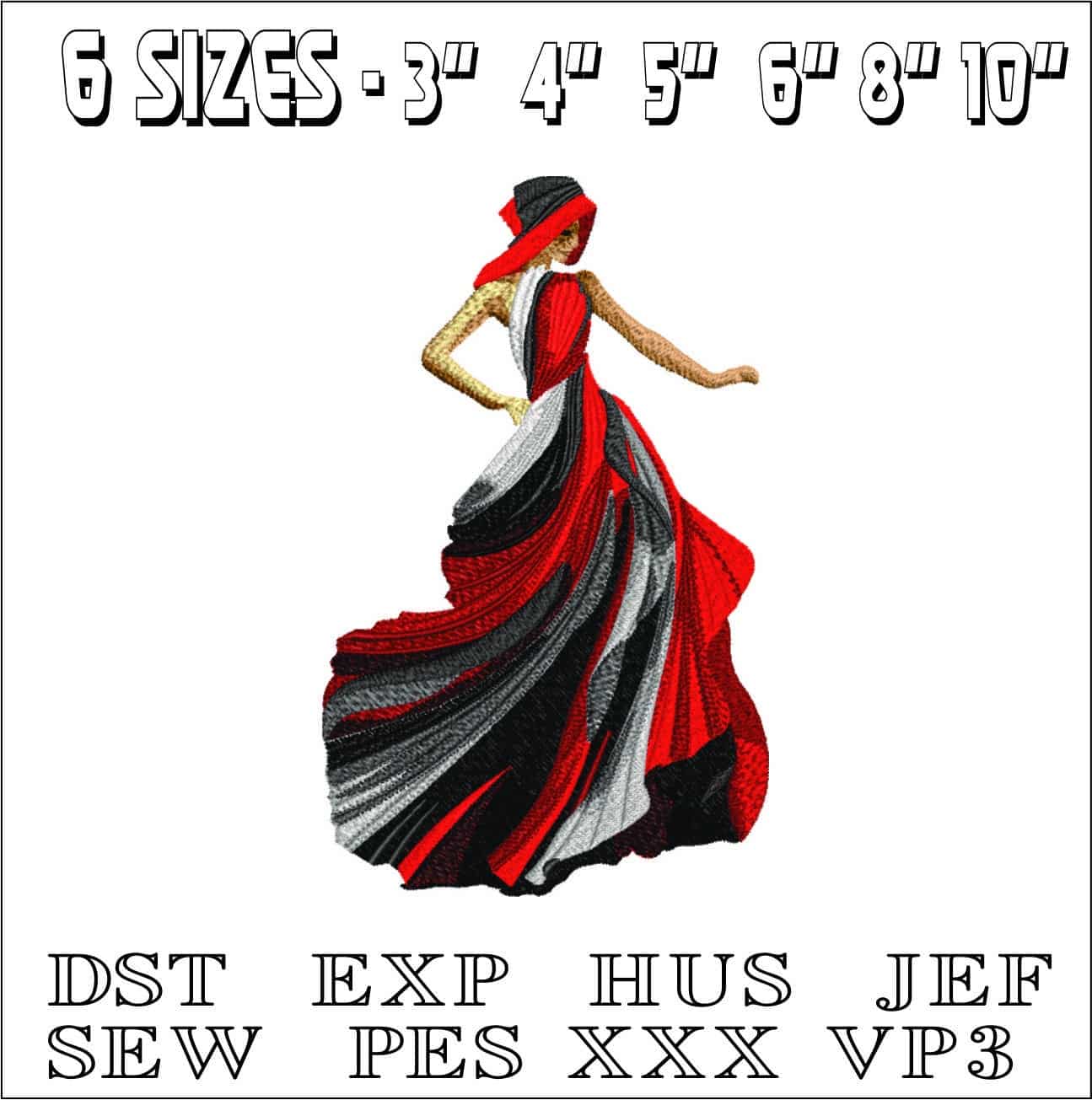 Elegant Lady in Red and Black- Elegant embroidery design file - instant download — view 2