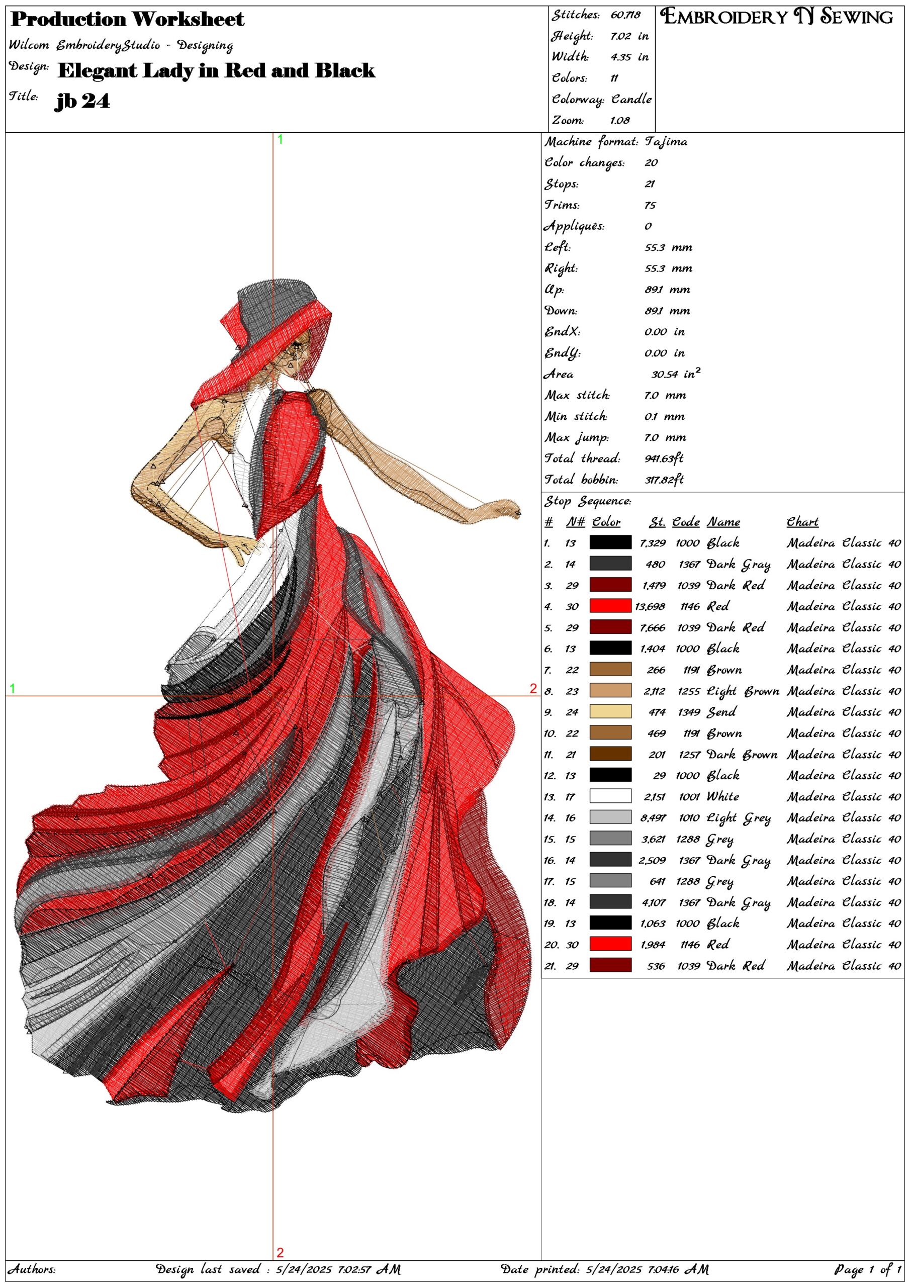 Elegant Lady in Red and Black- Elegant embroidery design file - instant download — view 3